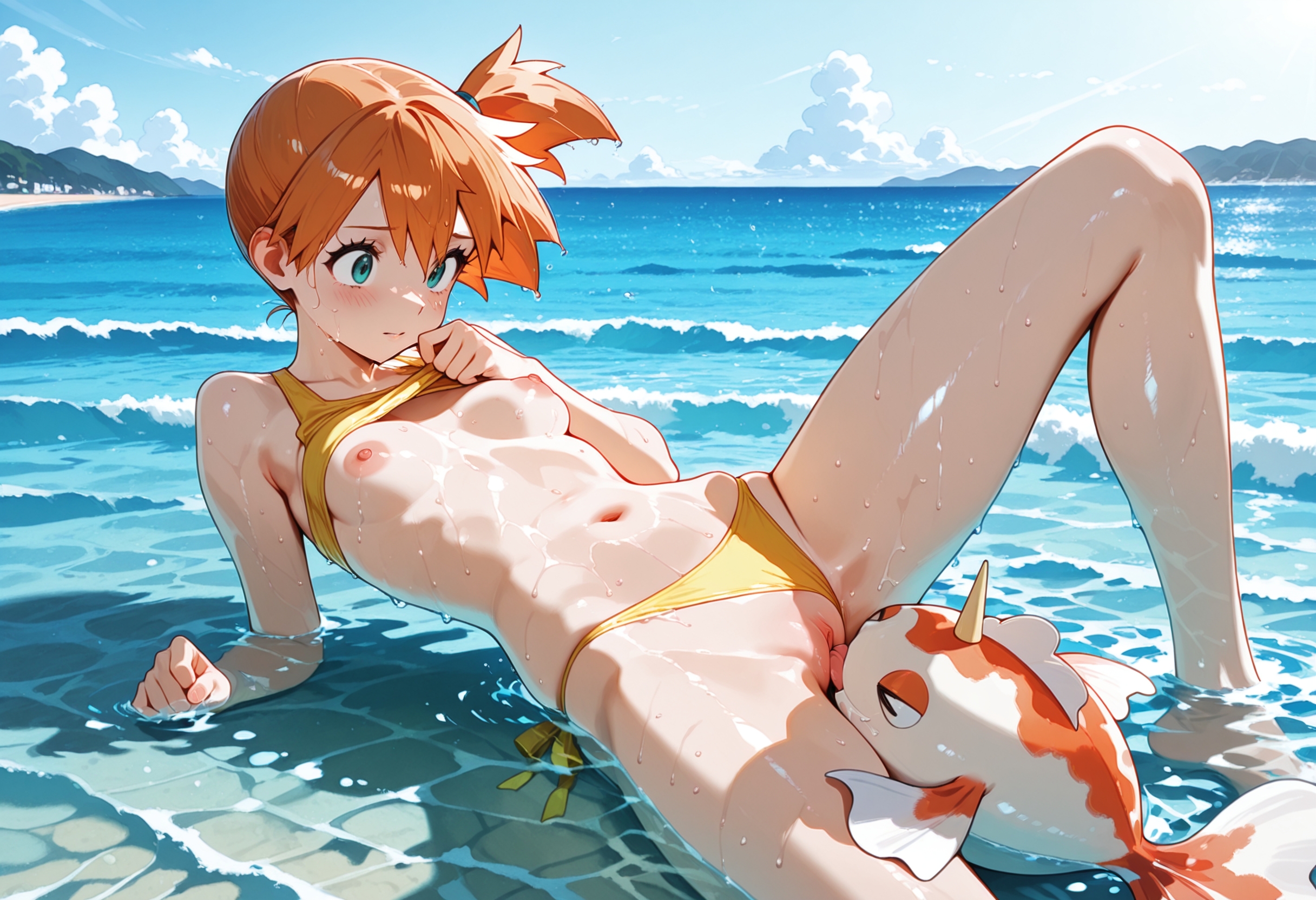 ai, ai art, ai assisted, ai generated, ai-created, beach, beastiality, bikini, bikini aside, breasts, breasts out, cunnilingus, game freak, goldeen, greymaker, gym leader, interspecies, kasumi (pokemon), licking, licking pussy, lying, misty (pokemon), nintendo, pokemon, pokemon (anime), pokemon (classic anime), pokemon (creature), pokemon (species), pokemon trainer, pokephilia, pussy, small breasts, spread legs, stable diffusion, teenage girl, teenage tits