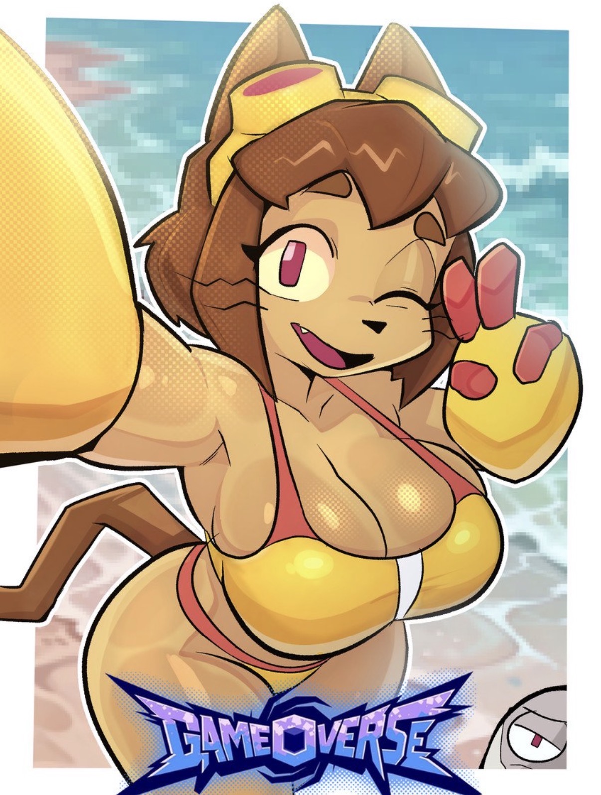 1boy, 1girls, bikini, gameoverse, huge tits, kaboodle (gameoverse), kit (gameoverse), peace sign, selfie, solo