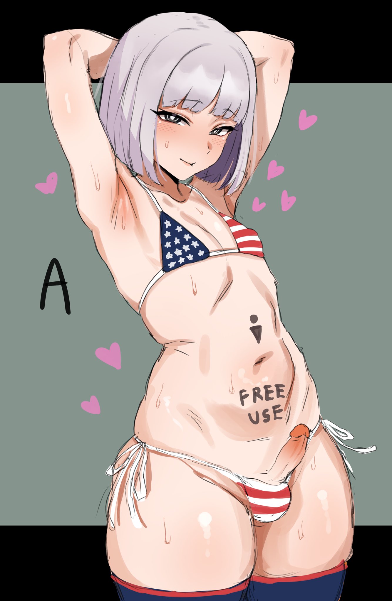 1boy, american flag bikini, armpits, arms up, balls, balls in panties, belly, bikini, blush, blushing, body writing, erect penis, erection, fate (series), fate/strange fake, femboy, femboy focus, feminine male, francois prelati (fate), free use, girly, grey eyes, heart symbol, light-skinned femboy, male, male only, otoko no ko, otokonoko, panties, penis, simple background, sissy, solo, tagme, thick thighs, thighhighs, trap, uncensored, zanegoodell