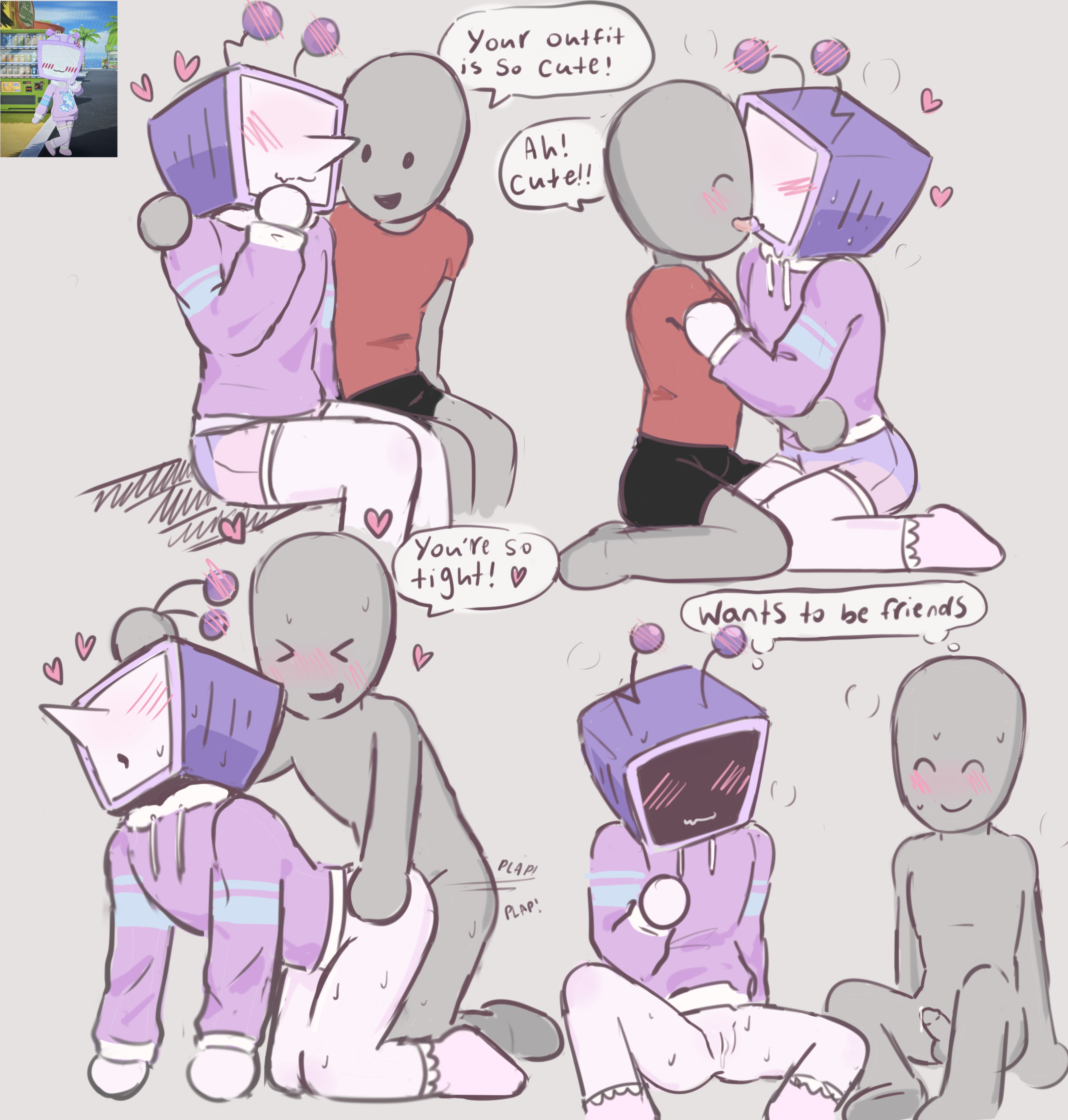 2boys, anonymous male, blush, bottomless, bottomless male, cuntboy, deltarune, english, english text, mii, nintendo, object head, sarrwrr, small penis, tagme, tenna (deltarune), toby fox, tomodachi life, tomodachi life: living the dream