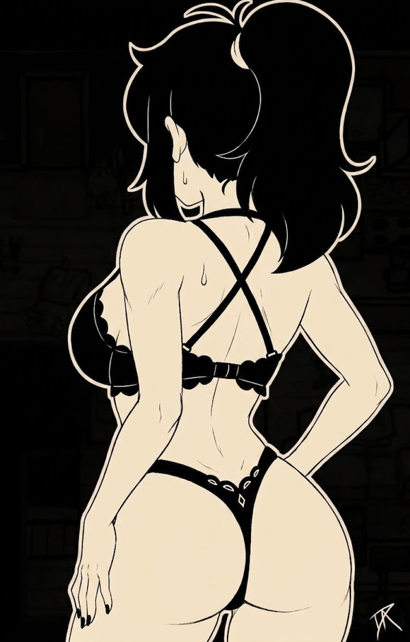 1girls, back view, big ass, big breasts, black hair, busty, dalley le alpha, fat ass, hand on hip, large breasts, lingerie, milf, renee graves, sexy, sideboob, the coffin of andy and leyley, thong