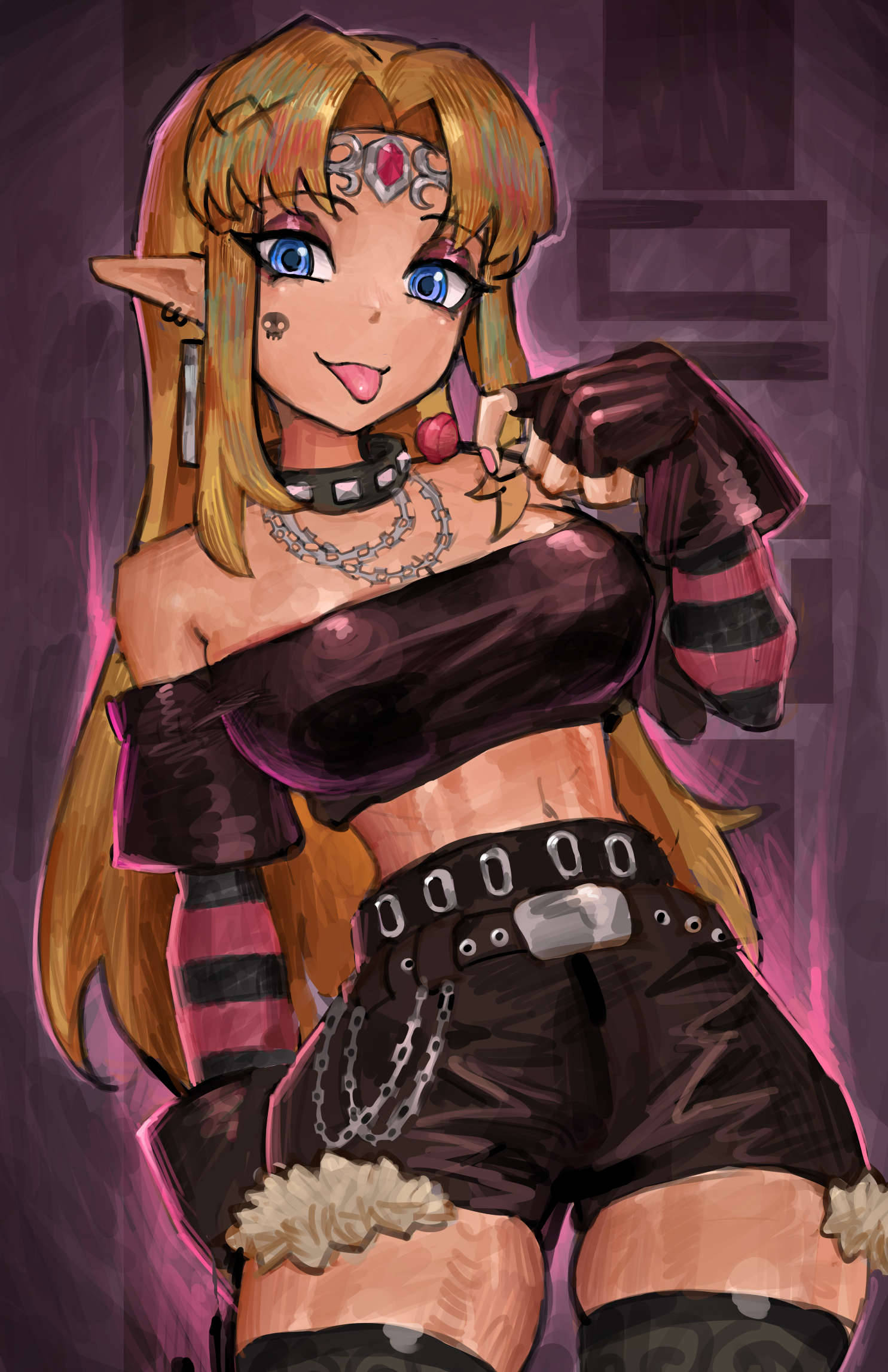 1girls, arm warmers, bare shoulders, belt, black choker, black gloves, black shirt, black shorts, blonde hair, blue eyes, blunt bangs, breasts, candy, chain, chain necklace, choker, commentary, cowboy shot, ear piercing, emo fashion, english commentary, english text, eyeshadow, facial mark, fingerless gloves, food, forehead jewel, gloves, goth fashion, hand up, highres, holding, holding candy, holding food, holding lollipop, jewelry, lollipop, long hair, looking at viewer, makeup, midriff, nail polish, navel, necklace, nintendo, off shoulder, off-shoulder shirt, piercing, pink nails, princess zelda, purple background, saiykik, shirt, shorts, skull tattoo, solo, striped arm warmers, tattoo, the legend of zelda, thighhighs, tongue, tongue out, zelda (a link between worlds)