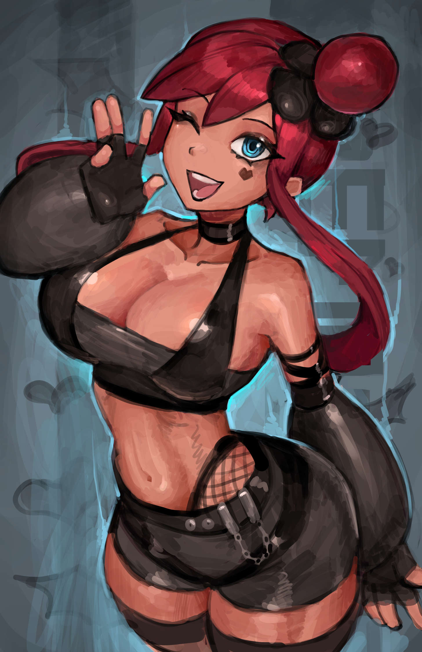1girls, alternate costume, blue eyes, breasts, dark skin, dark-skinned female, emo fashion, fishnet thighhighs, fishnets, highres, large breasts, nintendo, pokemon, pokemon black and white, red hair, saiykik, skyla (pokemon), thighhighs