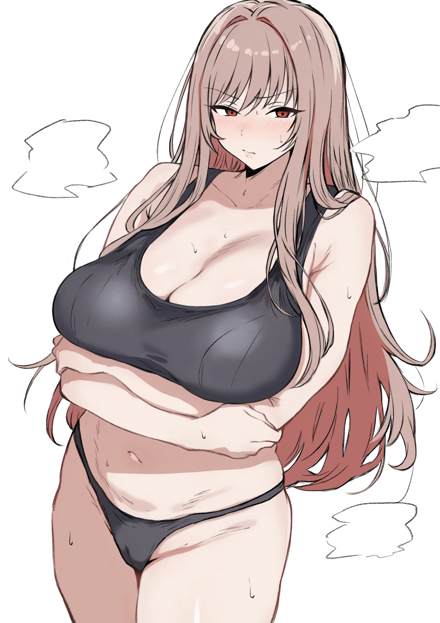 1girls, armpit crease, arms under breasts, black panties, black sports bra, blush, bra, breasts, brown hair, cameltoe, cleavage, cowboy shot, crossed arms, goddess of victory: nikke, hi res, large breasts, long hair, looking at viewer, midriff, navel, panties, rapi (nikke), red eyes, simple background, solo, sports bra, standing, steam, steaming body, sweat, taira (artist), thighs, white background