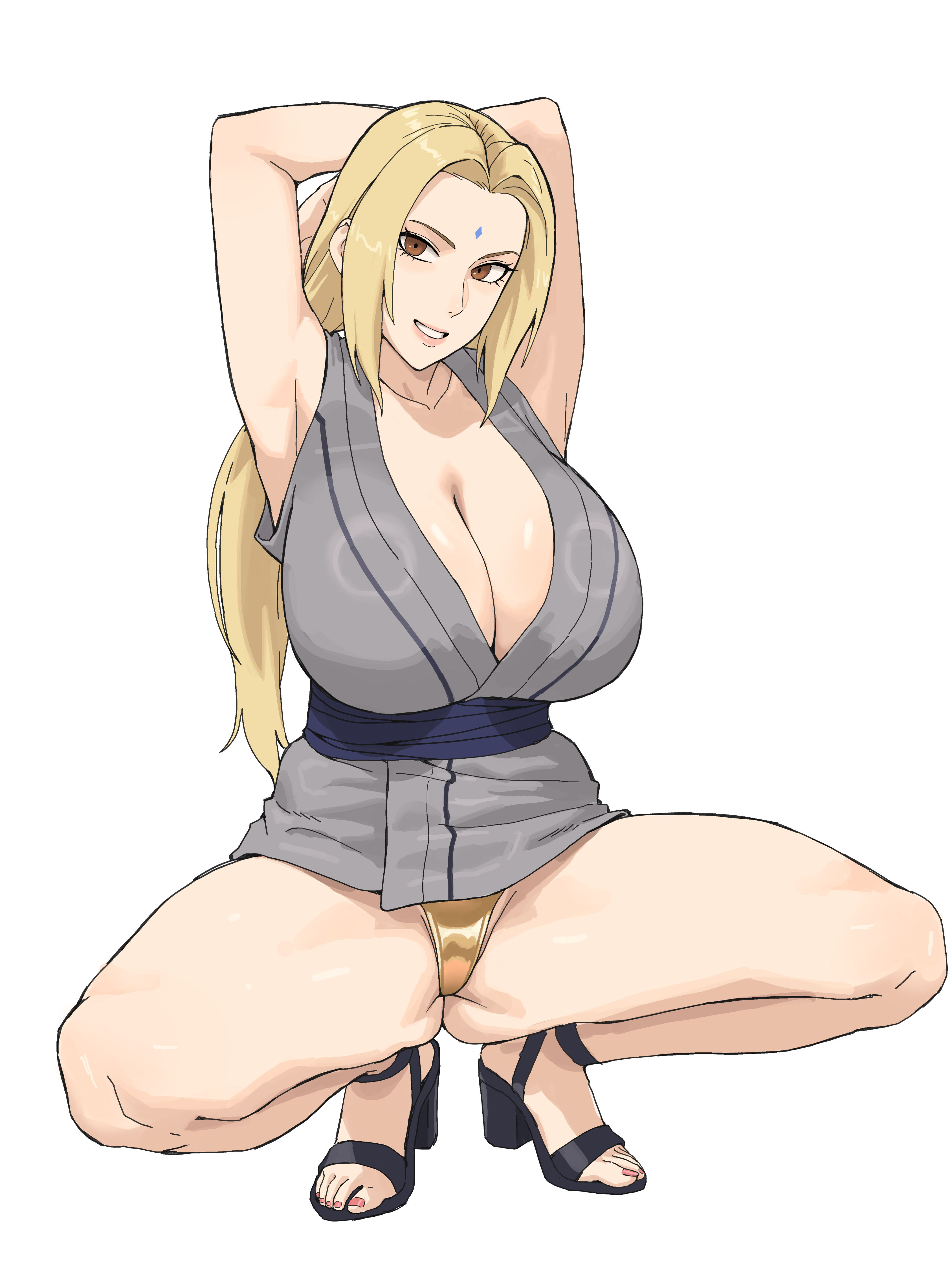 1girls, armpits, arms behind head, bare legs, big breasts, blonde hair, bottomwear, breasts, brown eyes, cleavage, clothing, female, female only, footwear, forehead jewel, gold panties, hair, heels, high heels, huge breasts, ksksksa, mature, mature female, mature woman, milf, naruto, naruto (series), no pants, panties, smile, solo, solo female, squatting, thighs, topwear, tsunade, underwear, white background, yellow panties