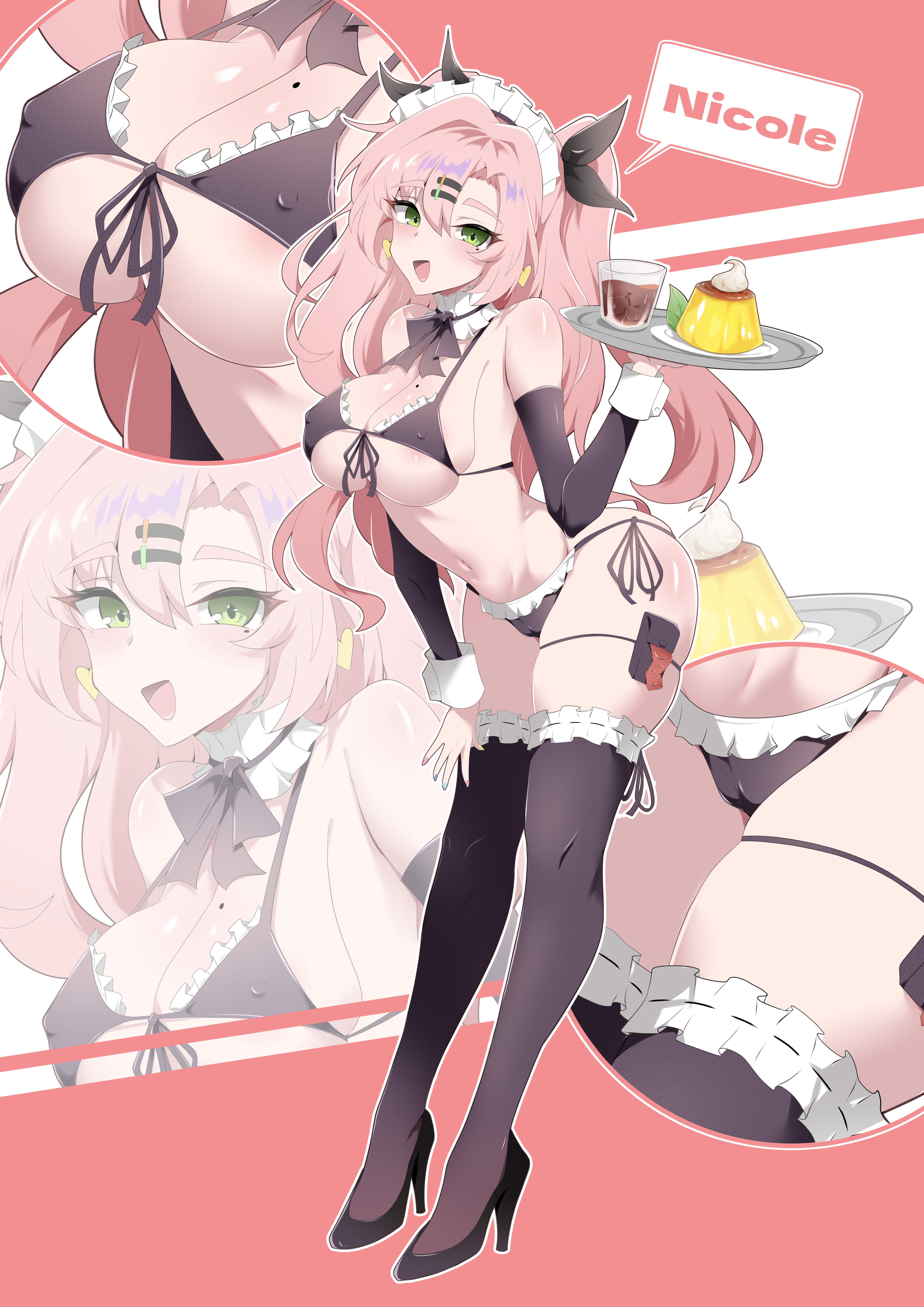 1girls, armwear, big breasts, bikini, bikini bottom, bikini top, black bikini, black gloves, black thighhighs, blush, bottomwear, breasts, character name, cleavage, close-up, condom, elbow gloves, female, female only, fingerless gloves, food, footwear, full body, gloves, green eyes, hair ribbon, headwear, heart earrings, heels, high heels, hips, holding plate, ice choco maker, legwear, long hair, maid, maid bikini, maid headdress, maid outfit, mole, mole on breast, mole under eye, multicolored nail polish, multicolored nails, multiple views, nail polish, nails, neckwear, nicole demara, plate, ribbon, smile, solo, solo female, swimwear, thigh strap, thighhighs, thighs, topwear, twintails, zenless zone zero