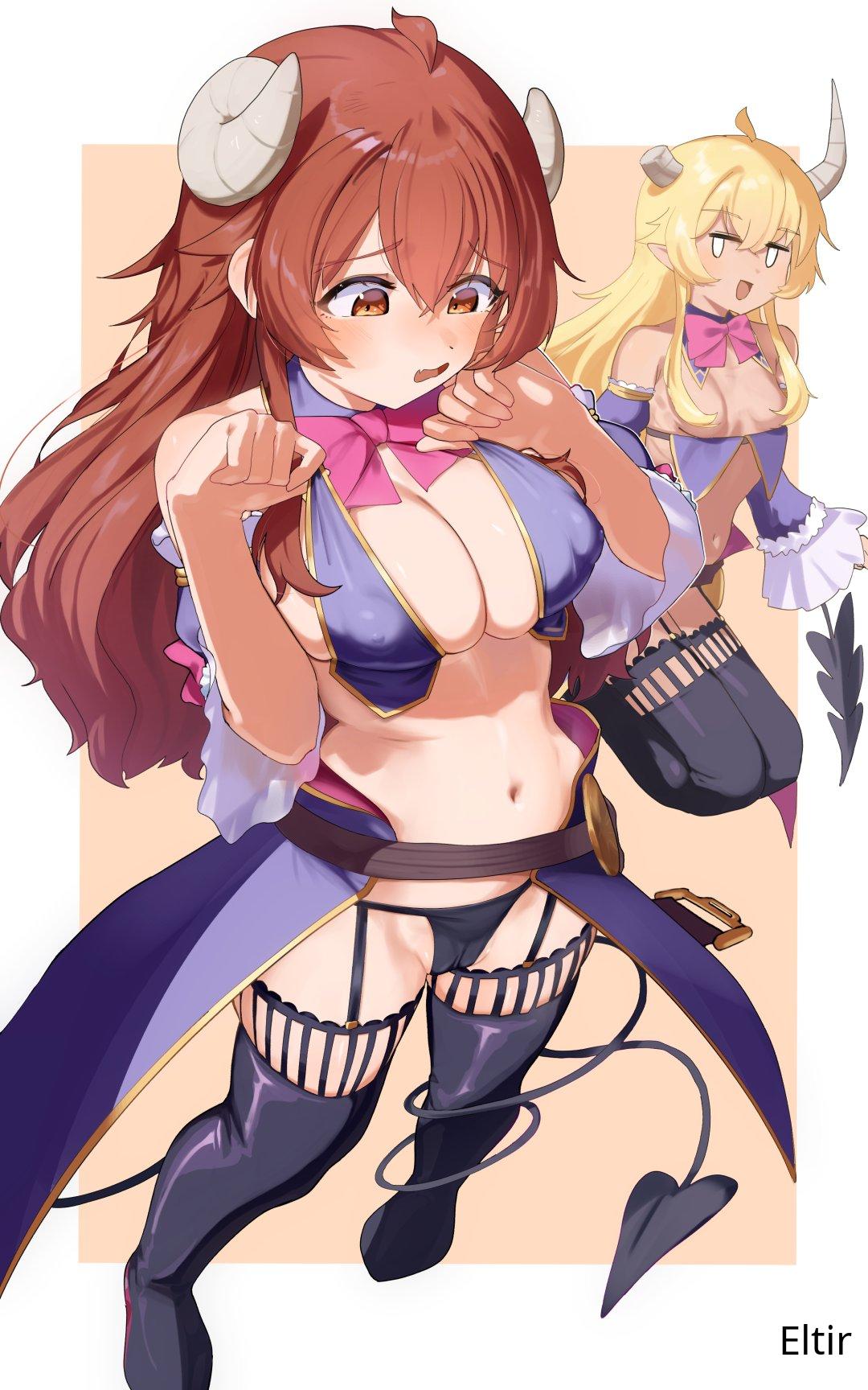2d 2d_(artwork) 2d_artwork 2girls ashamed belly belly_button big_boobs big_breasts black_legwear black_stockings black_thigh_highs black_thighhighs blonde blonde-haired_female blonde_female blonde_hair blonde_hair_female blush_face blush_lines blushing blushing_female breasts broken_horn brown-eyed_female brown-haired_female brown_eyes brown_hair brown_horn brown_horns busty busty_female busty_girl calves character_request cleavage collarbone demon_girl demon_horns demon_humanoid demon_tail digital digital_art digital_drawing digital_drawing_(artwork) digital_media digital_media_(artwork) drawing elbows eltir embarrassed embarrassed_expression embarrassed_female eyebrows_visible_through_hair female female_focus female_only fingers flushed flushed_face flustered flustered_female full_body garter_straps groin hair_between_eyes high_resolution highres horn horns knees large_boobs large_breasts lean_figure legs legs_closed legs_together legwear long_hair machikado_mazoku midriff multiple_females multiple_girls narrow_waist navel nipple_bulge open_mouth open_mouth_smile orange_background parted_lips petite petite_body petite_breasts petite_female petite_girl petite_tits shoulders sidelocks simple_background skindentation slender_body slender_waist slim_female slim_waist small_boobs small_breasts small_tits smile smiley_face smiling smiling_at_another smiling_at_partner standing stockings thigh_highs thighhighs thighs thighs_together tiny_breasts tiny_tits tongue white-eyed_female white_background white_eyes wide_hips yellow-haired_female yellow_hair yoshida_yuuko
