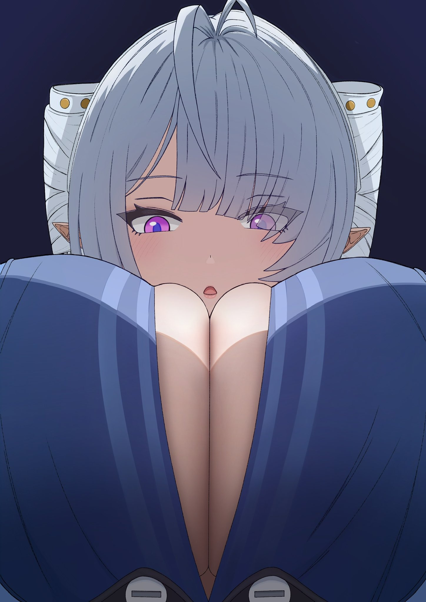 1girls, blue dress, blush, bow, breast focus, breasts, cleavage, cleavage cutout, clothing cutout, dress, from below, hair bow, hair over one eye, highres, huge breasts, jonnnn0601, looking at viewer, looking down, open mouth, pointy ears, purple eyes, simple background, skindentation, solo, velina airgid, white hair, zenless zone zero
