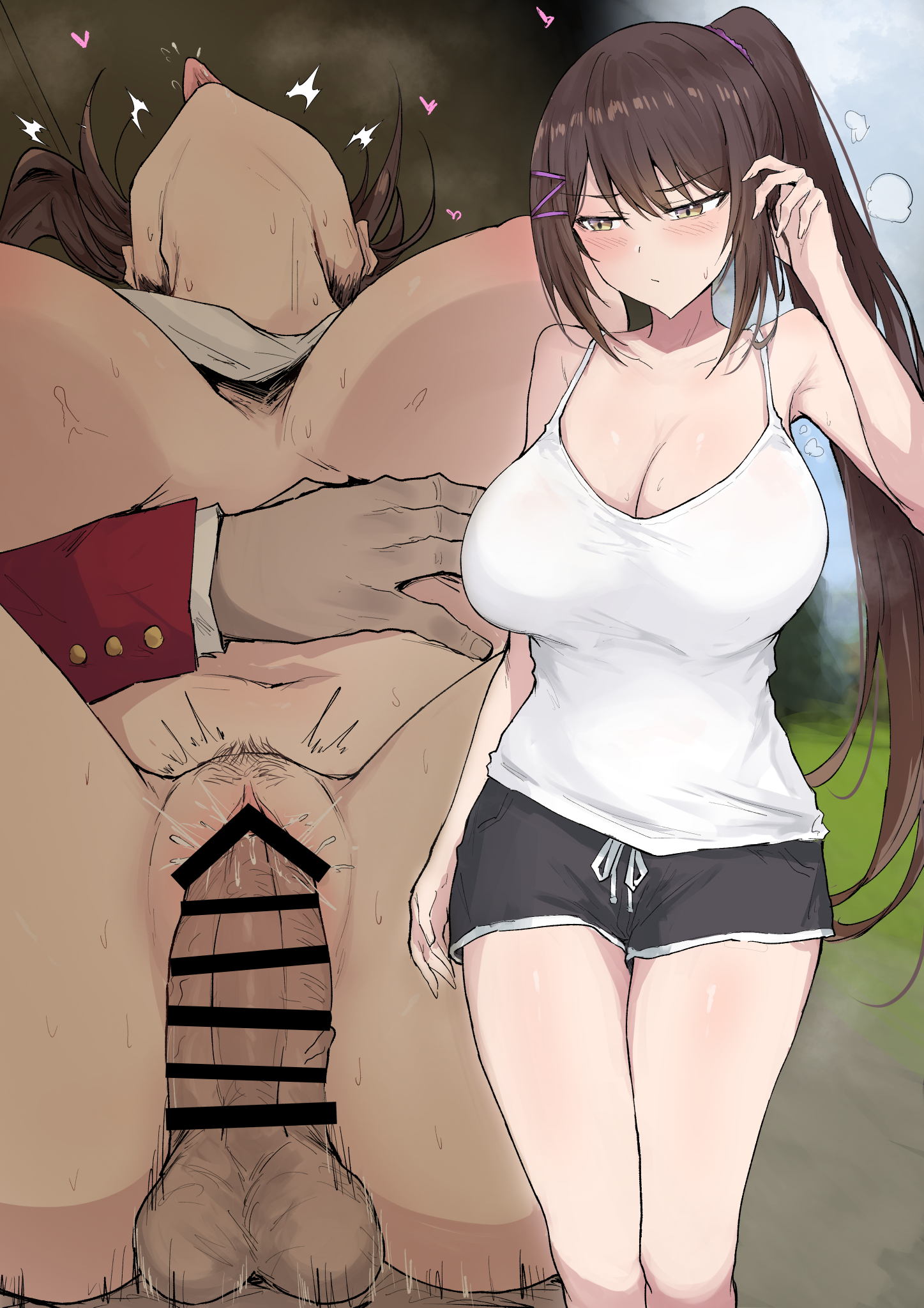 1boy, 1girls, black shorts, blush, breasts, brown hair, chabashira sae, classroom of the elite, clothes lift, dolphin shorts, female, head back, large breasts, male, navel, penis, ponytail, sakiya, sakiya (sak1 01), shorts, sweat, tank top, tank top lift, teacher, tongue, tongue out, vaginal, white tank top, yellow eyes, youkoso jitsuryoku shijou shugi no kyoushitsu e
