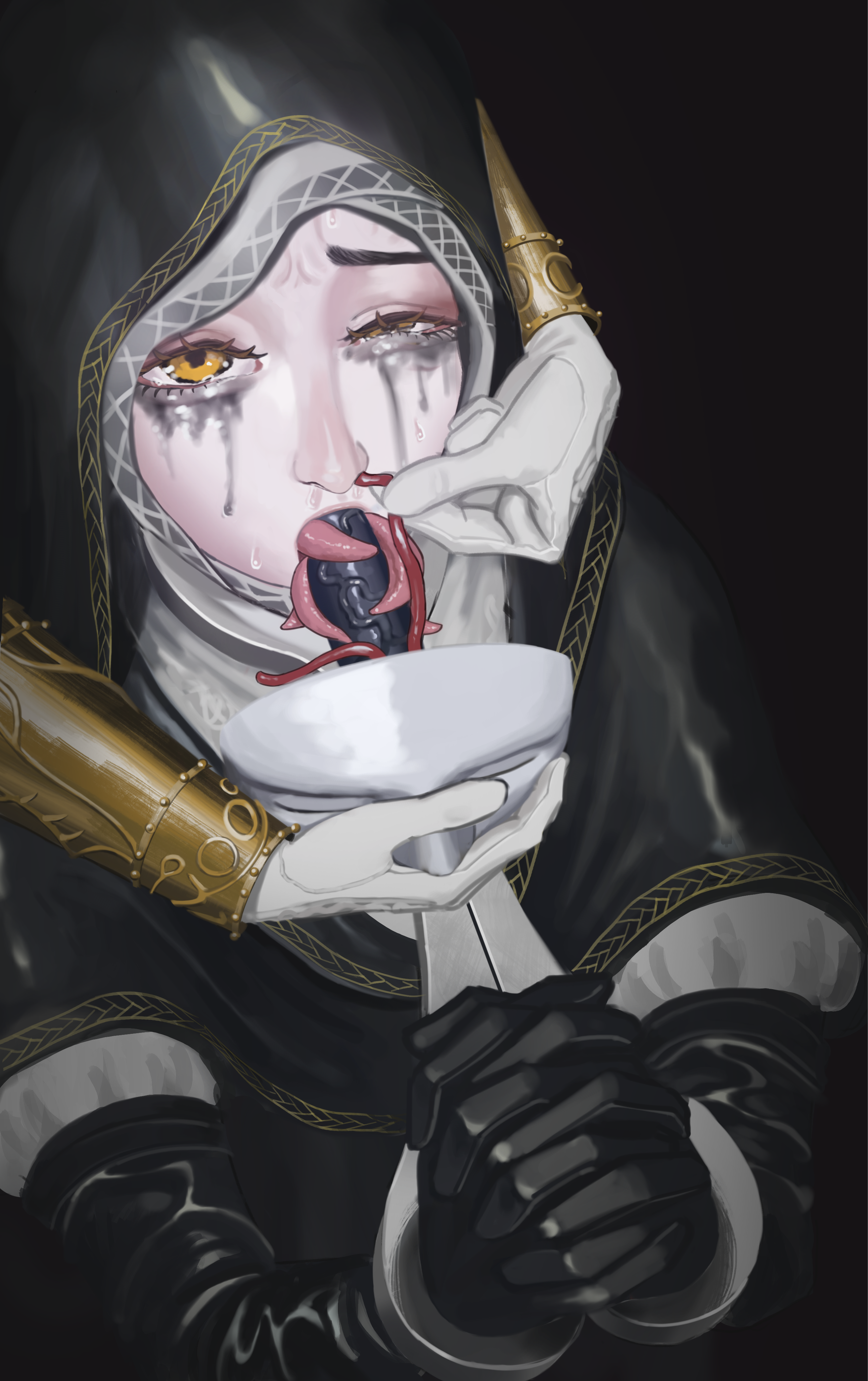 1girl, absurdres, applying gag, begging, black gloves, bondage, bound, bound arms, brown eyes, cape, crying, crying with eyes open, dildo gag, dildo under mask, elden ring, elden ring nightreign, femsub, gag, gloves, highres, looking at viewer, mask, multiple tongues, nasal tube, newkay22, nose tube, nose tubes, nun, pillory, png, restrained, solo, steel bondage, tears, undertaker (elden ring)