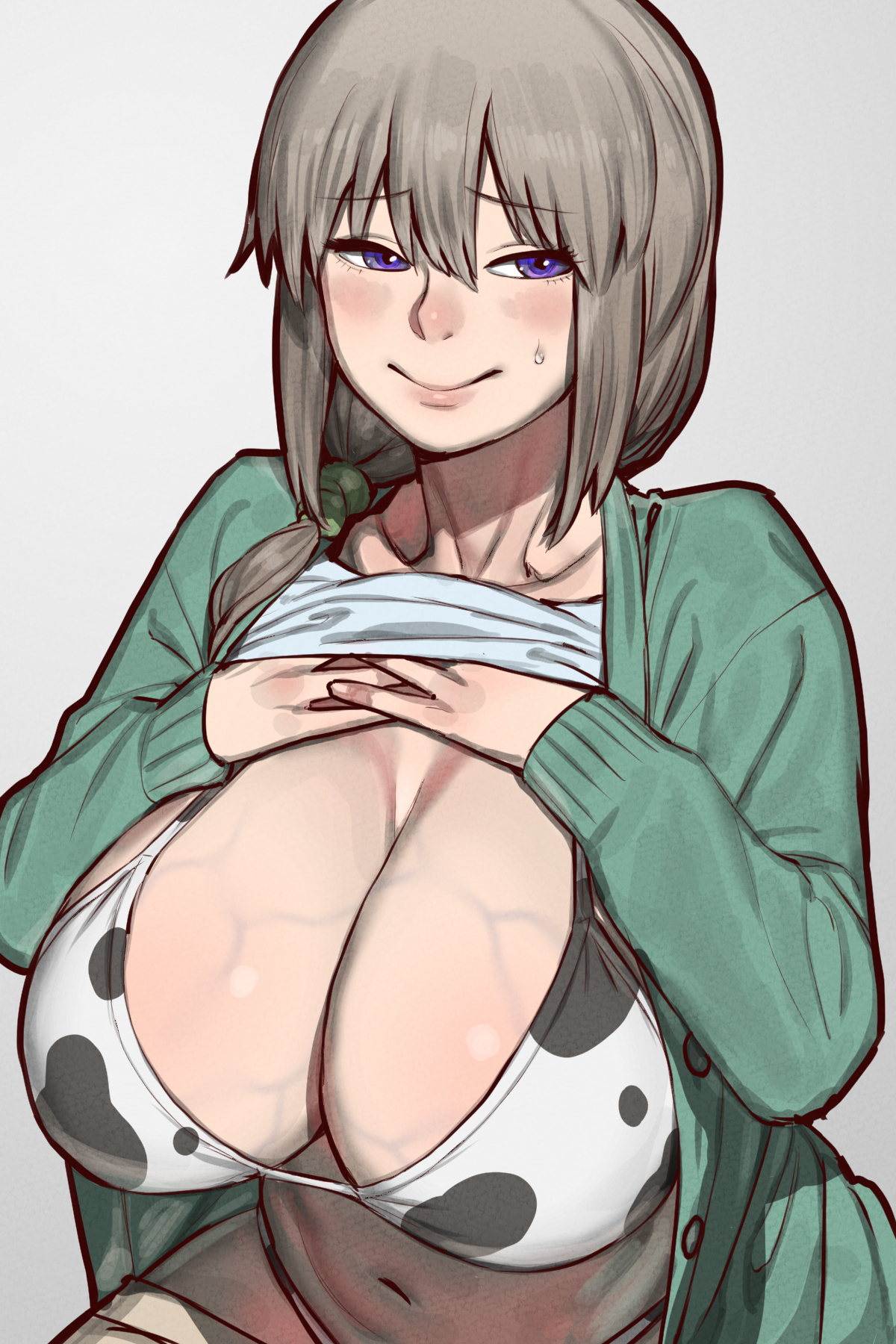 1girls, big breasts, bikini top, blue eyes, blush, breast focus, breasts, cleavage, cow print, cow print bikini, female, female only, grey hair, hair, huge breasts, mature, mature female, mature woman, milf, mother, onsen tamago (hs egg), shirt lift, shirt up, solo, solo female, swimwear, topwear, uzaki tsuki, uzaki-chan wa asobitai!, veiny breasts