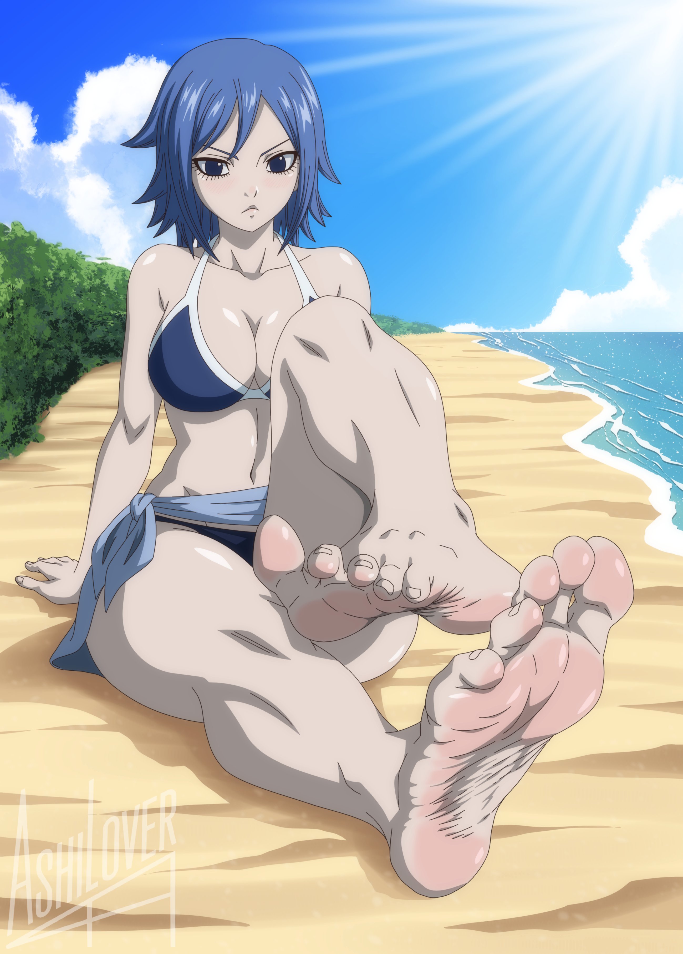 , 1girl, ashilover44, bare soles, barefeet, barefoot, beach, bikini, blue bikini, blue hair, blue sarong, bob cut, bright lighting, cleavage, clouds, curvaceous, detailed feet, fairy tail, feet, feet fetish, female, foot fetish, foot focus, hair between eyes, juvia lockser, large breasts, leaning back, legs up, midriff, ocean, outdoors, presenting, presenting feet, red soles, sand, sarong, sea, short hair, sitting, sky, sole female, soles, soles female, soles fetish, solo, spread legs, sun rays, sunny day, swimsuit, toenails, toes, white toenails, white trim, wide hips, wrinkled soles