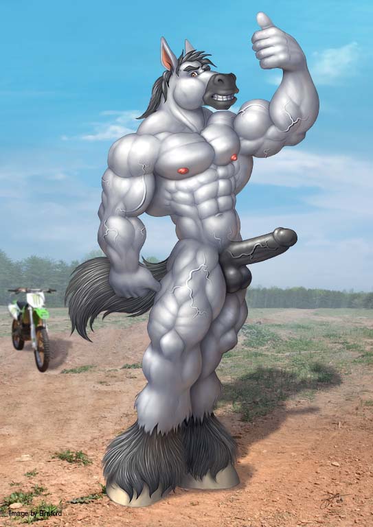 1boy balls big_balls braford desert equine flexing hooves horse male male_only motorcycle muscles nude penis solo tail thumbs_up