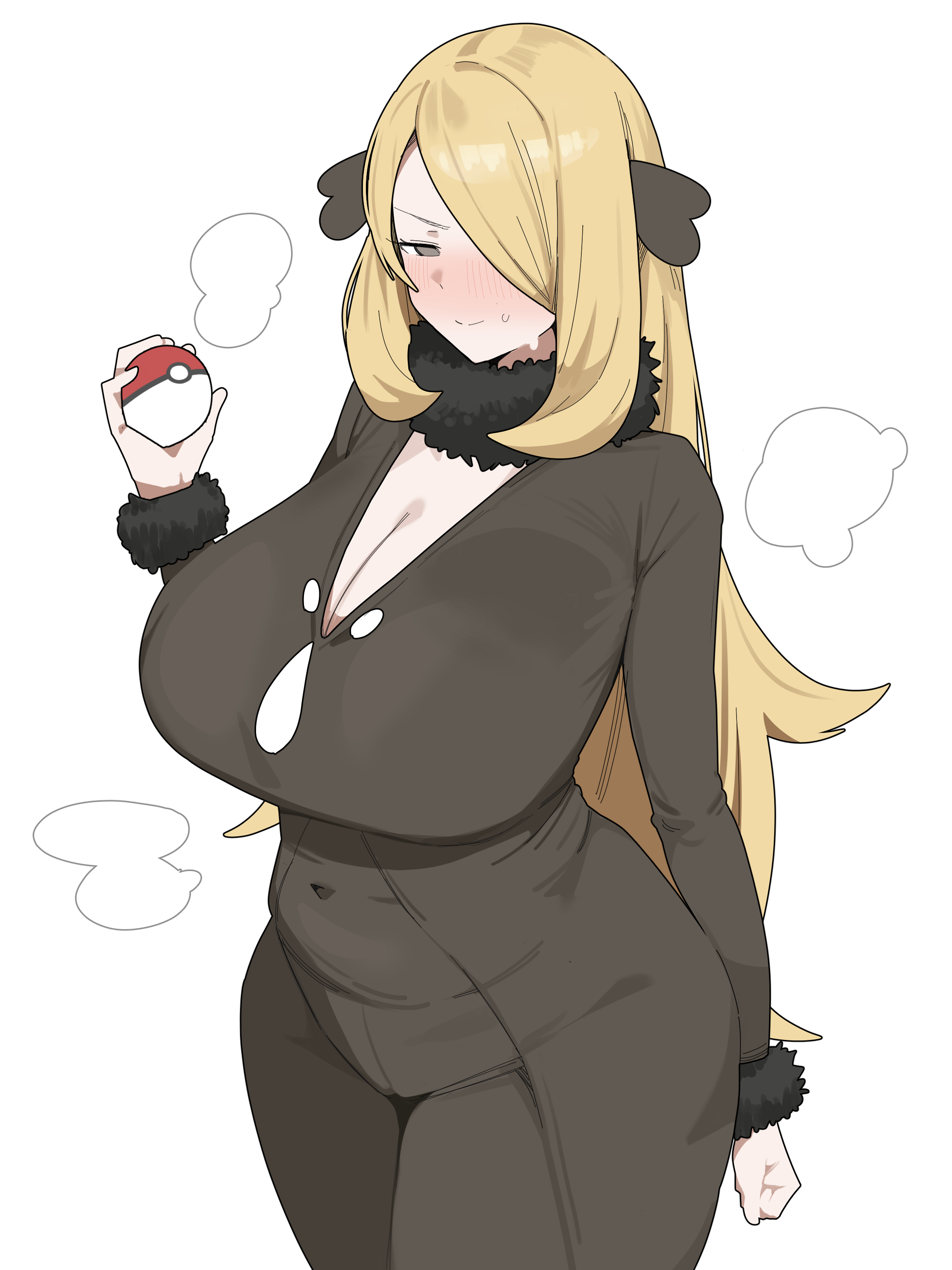 1girls, breasts, citizen k, cynthia (pokemon), female, female focus, female only, large breasts, light skin, light-skinned female, nintendo, pokemon, solo, thick thighs, thighs, white background, wide hips