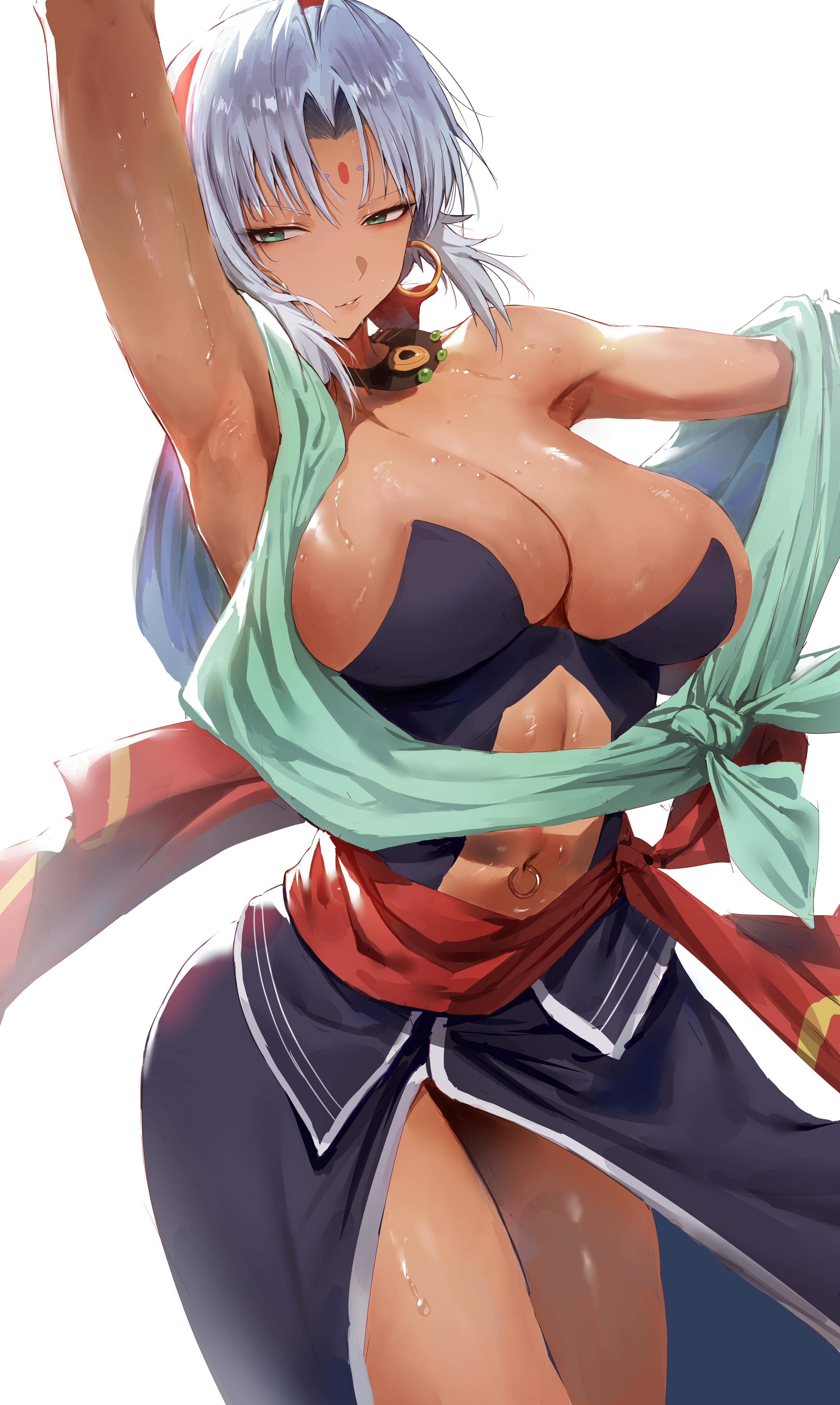 1girl, absurdres, bare shoulders, bindi, black dress, breasts, cleavage, cross-laced clothes, dark skin, dark-skinned female, dress, earrings, eiyuu densetsu, facial mark, forehead mark, gold hoop earrings, green eyes, grey hair, highres, hoop earrings, jewelry, large breasts, long hair, looking at viewer, navel, navel piercing, parted bangs, piercing, rororo, sash, scherazard harvey, solo, sora no kiseki, trails in the sky