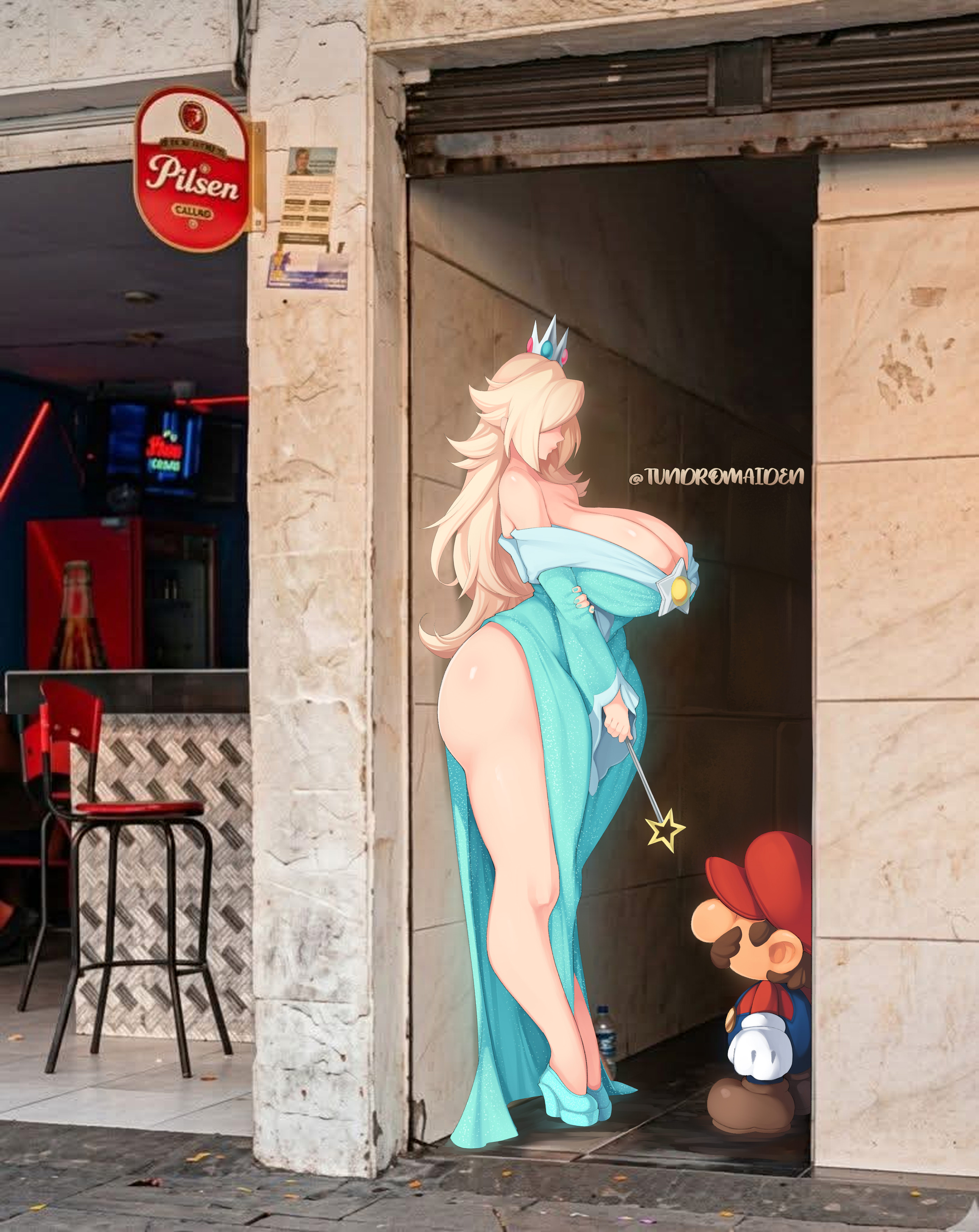 1boy, 1girls, alleyway milf (meme), ass, big ass, big breasts, breasts, busty, cleavage, colombia, dress, female, high heels, huge breasts, large breasts, larger female, light skin, light-skinned female, male, mario, mario (series), medellin, colombia, photo background, photo-referenced, princess rosalina, sideass, size difference, smaller male, thick thighs, thighs, tundromaiden, wide hips