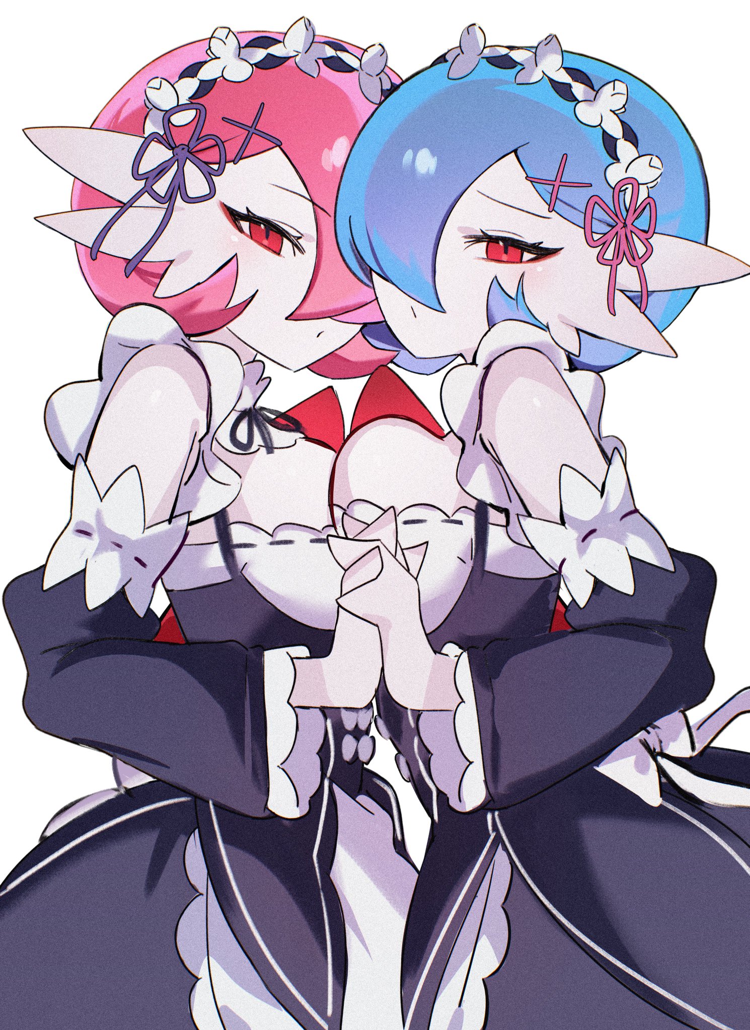 2girls, big breasts, black skirt, bob cut, breast press, breasts, bug, chunniwa, cosplay, cyan hair, female, female only, gardevoir, gen 3 pokemon, huge breasts, maid, maid clothes, maid uniform, pink hair, pokemon, pokemon (species), ram (re:zero), ram (re:zero) (cosplay), re:zero kara hajimeru isekai seikatsu, red eyes, rem (re:zero) (cosplay), roswaal mansion maid uniform, short hair, white background, white body, white skin