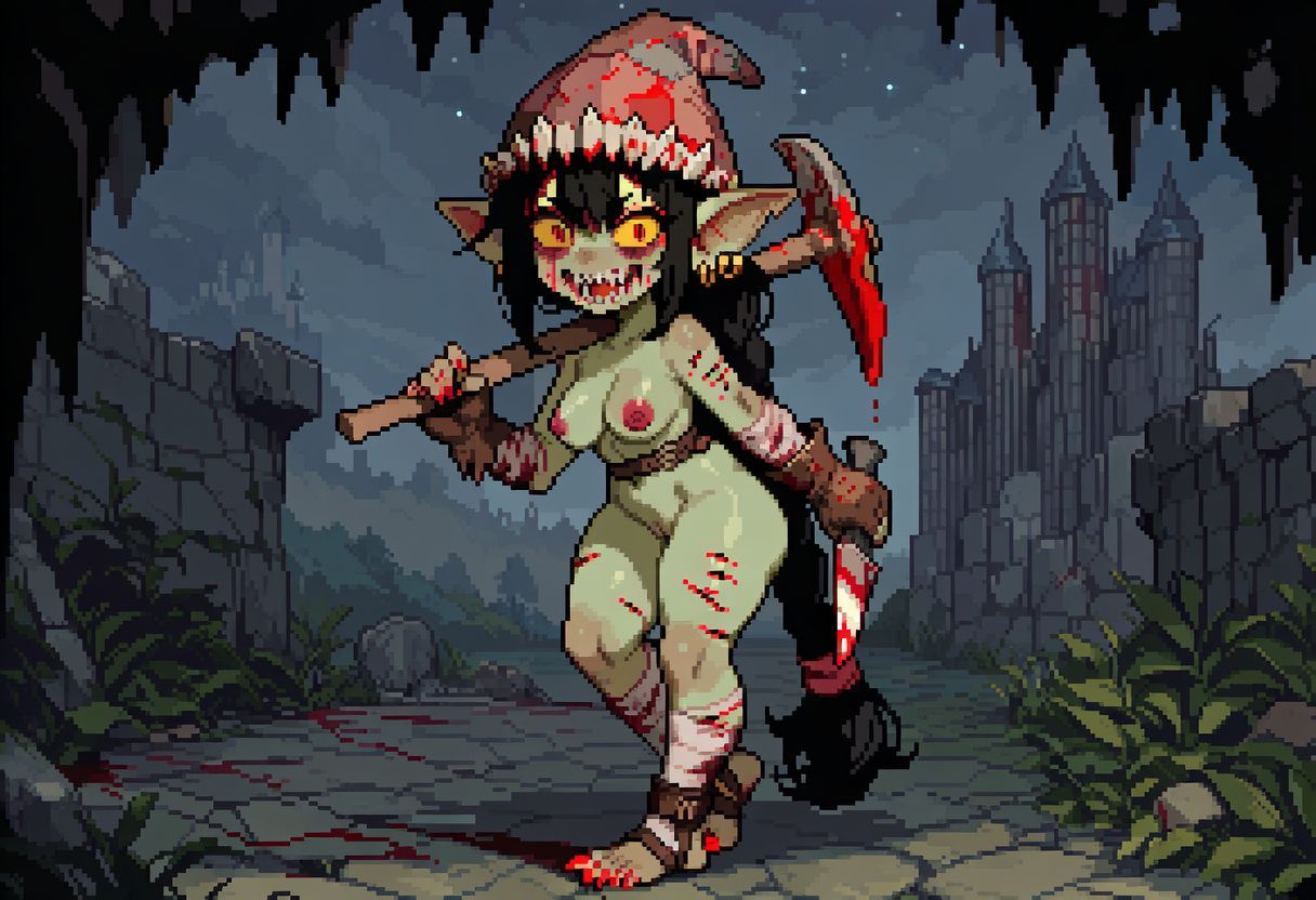 paigen ai_generated original original_character pepper_(paigen) monster_girl horror horror_(theme) 1girls female nipples pussy breasts medium_breasts red_nipples goblin goblin_female green_skin black_hair long_hair ponytail hair_tie hair_tied hat red_hat patchwork_clothes red_eyes yellow_sclera bloodshot_eyes large_ears pointy_ears torn_ears ripped_ear jewelry earrings teeth sharp_teeth short_female blood bleeding cuts scratches wrappings bandages gloves fingerless_gloves stirrup_legwear sharp_nails sharp_toenails red_nails red_toenails redcap pixel_art weapon knife pickaxe