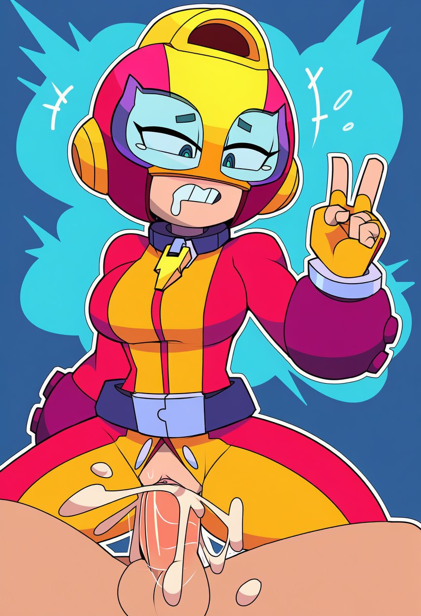 ai generated, big breasts, brawl stars, cum, cum in pussy, max (brawl stars), noir genesis, reverse cowgirl position, ripped clothing, superheroine, thick thighs, torn clothes