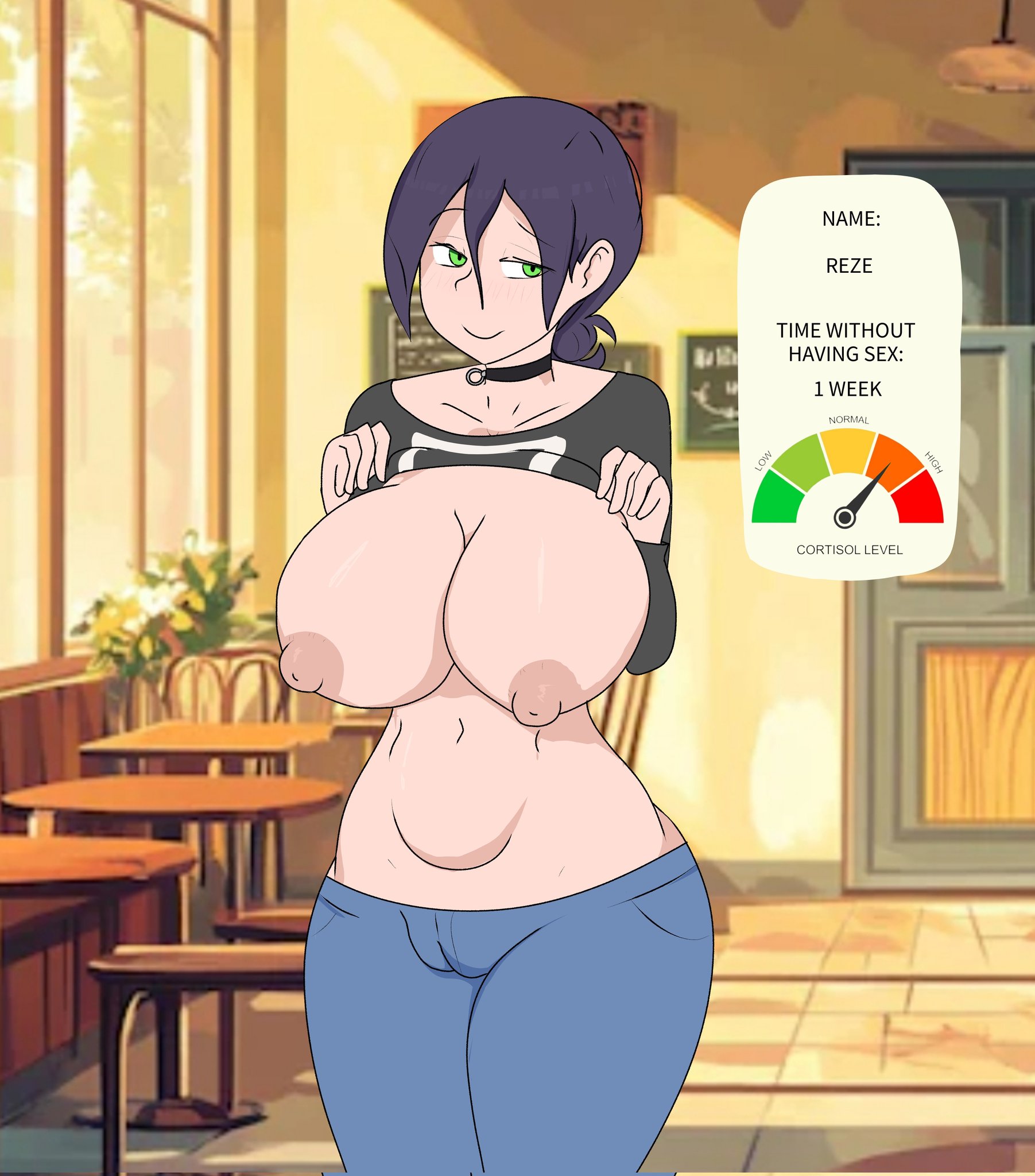 chainsaw man, coffee shop, cortisol (meme), flashing breasts, green eyes, half body, half naked, huge breasts, pewnyart, reze (chainsaw man), short hair, showing breasts, thick ass, thick thighs