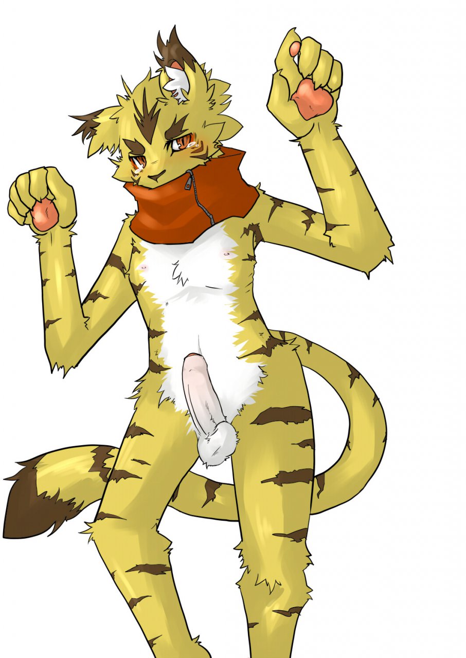 1boy anthro blush cry erection feline fur furry kosian male male_only penis scarf solo stripes tail tauk tear tiger white_background