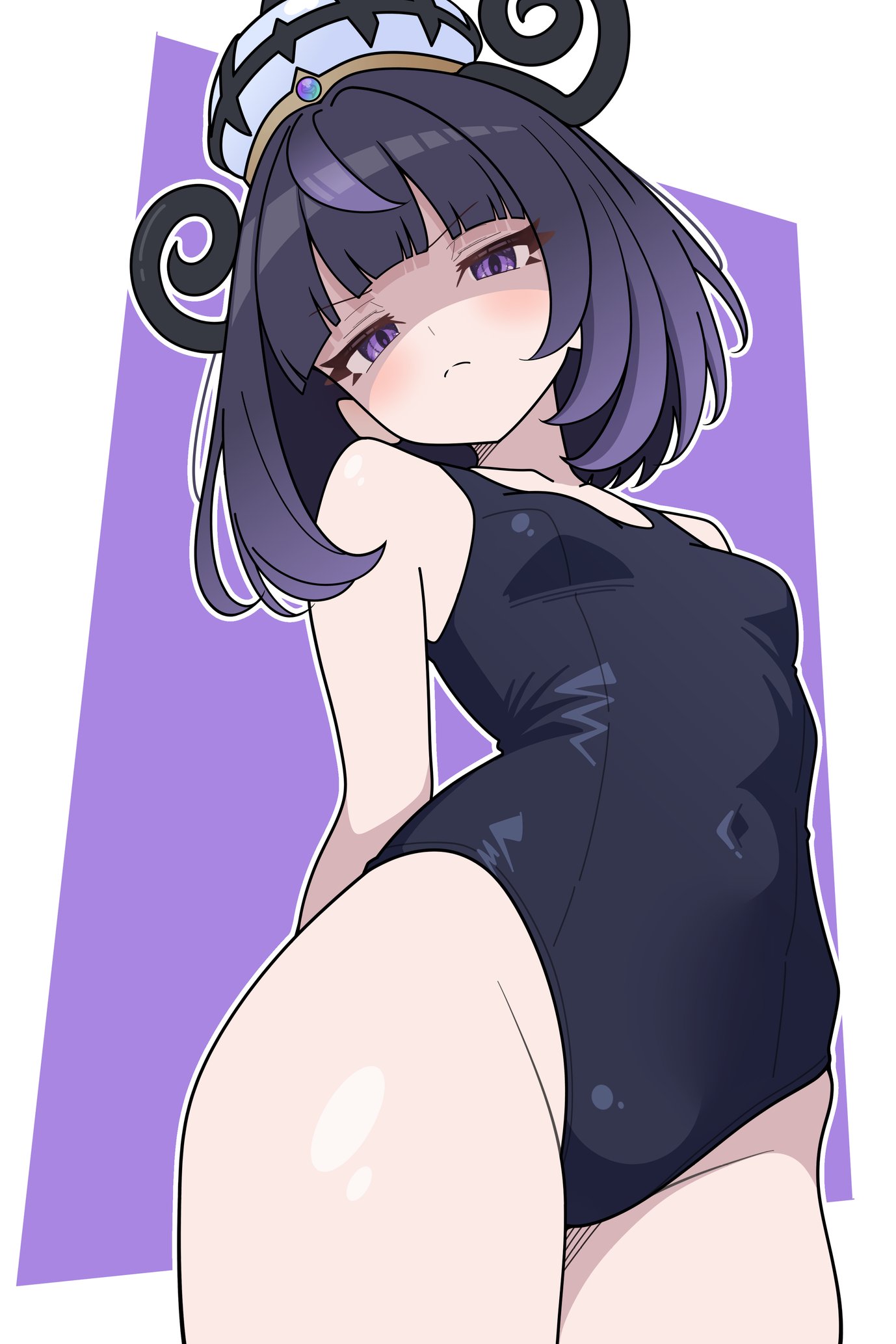 arms behind back, blush, gwynn (pokemon), looking at viewer, looking down, muku (pokemon), odorukaminoke, one-piece swimsuit, pokemon, pokemon legends: z-a, shaded face, small breasts, swimsuit, thick thighs, unamused, wide hips