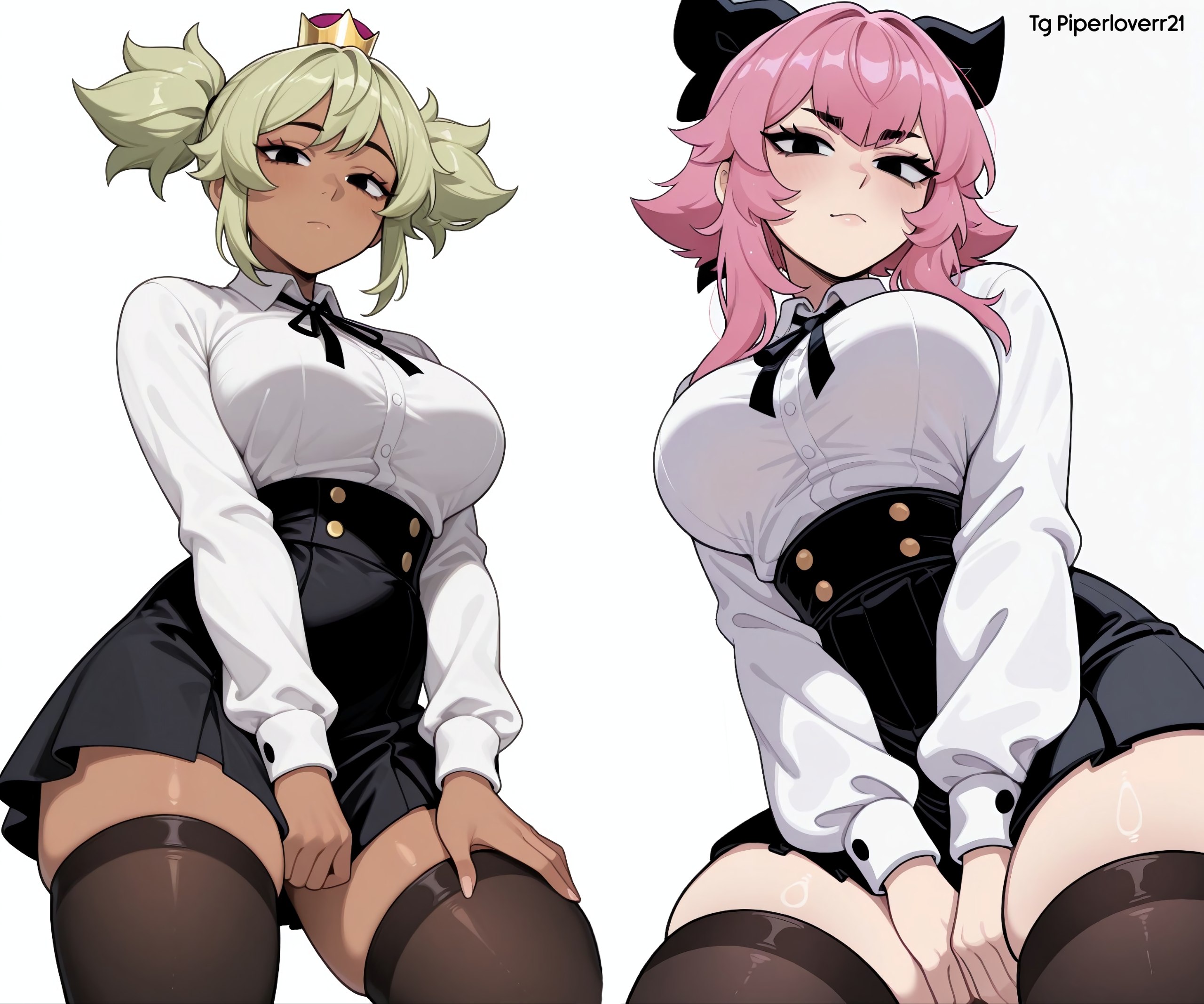 2girls, ai generated, brawl stars, breasts, looking at viewer, mandy (brawl stars), melodie (brawl stars), solo, white background