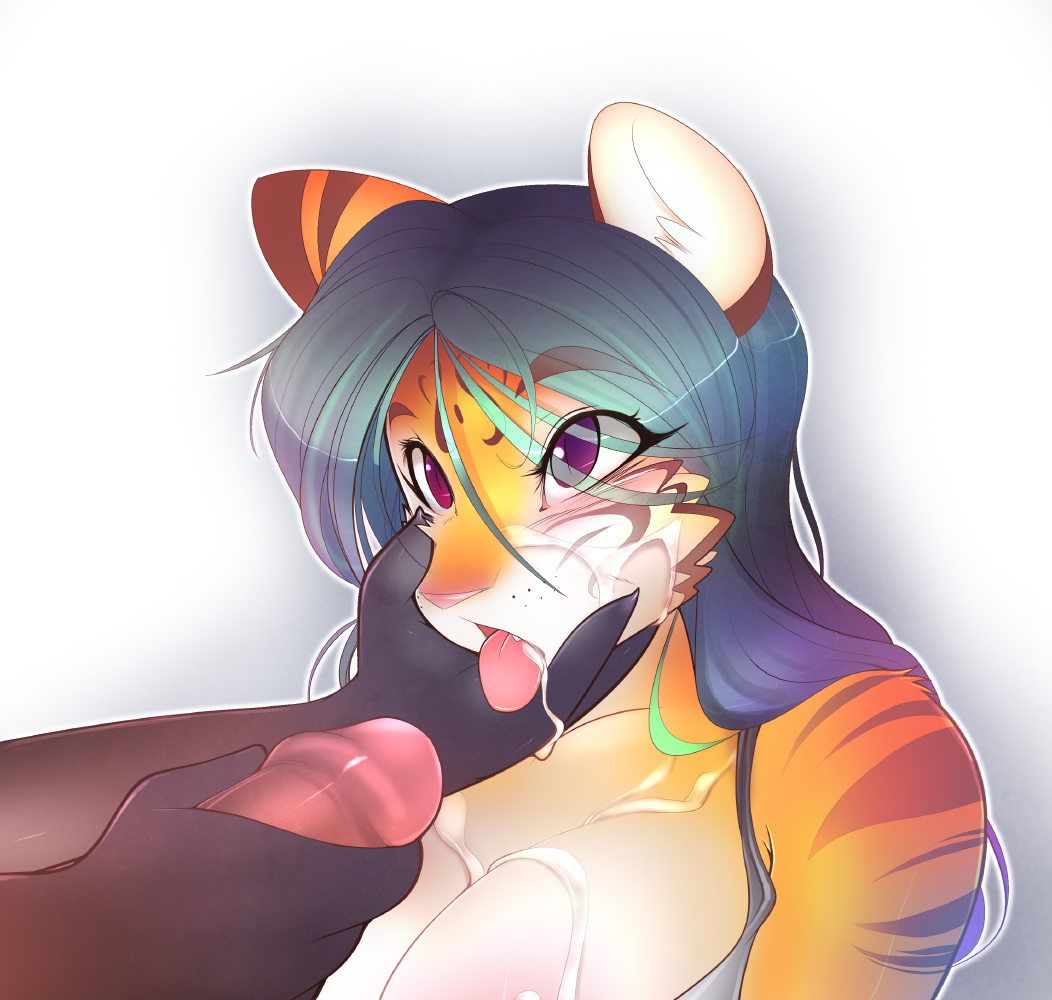 after sex, anthro, blue hair, breasts, brown, claws, close-up, couple, cum, cum in mouth, cum on breasts, cute, cute fang, facial, facial cumshot, feline, fellatio, female, fur, furry, glans, hair, humanoid penis, long hair, male, messy, open mouth, oral, oral sex, orange, penis, purple eyes, sex, straight, stripes, tiger, tongue, tsampikos, white fur