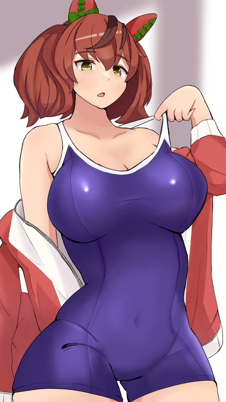 1girls, animal ears, artist request, blush, breasts, cleavage, collarbone, covered navel, curvy, ear covers, hair between eyes, highres, horse ears, horse girl, horseshoe ornament, large breasts, multicolored hair, nice nature (umamusume), off shoulder, one-piece swimsuit, open mouth, school swimsuit, strap pull, swimsuit, thighs, tracen swimsuit, tracen training uniform, umamusume, unzipped