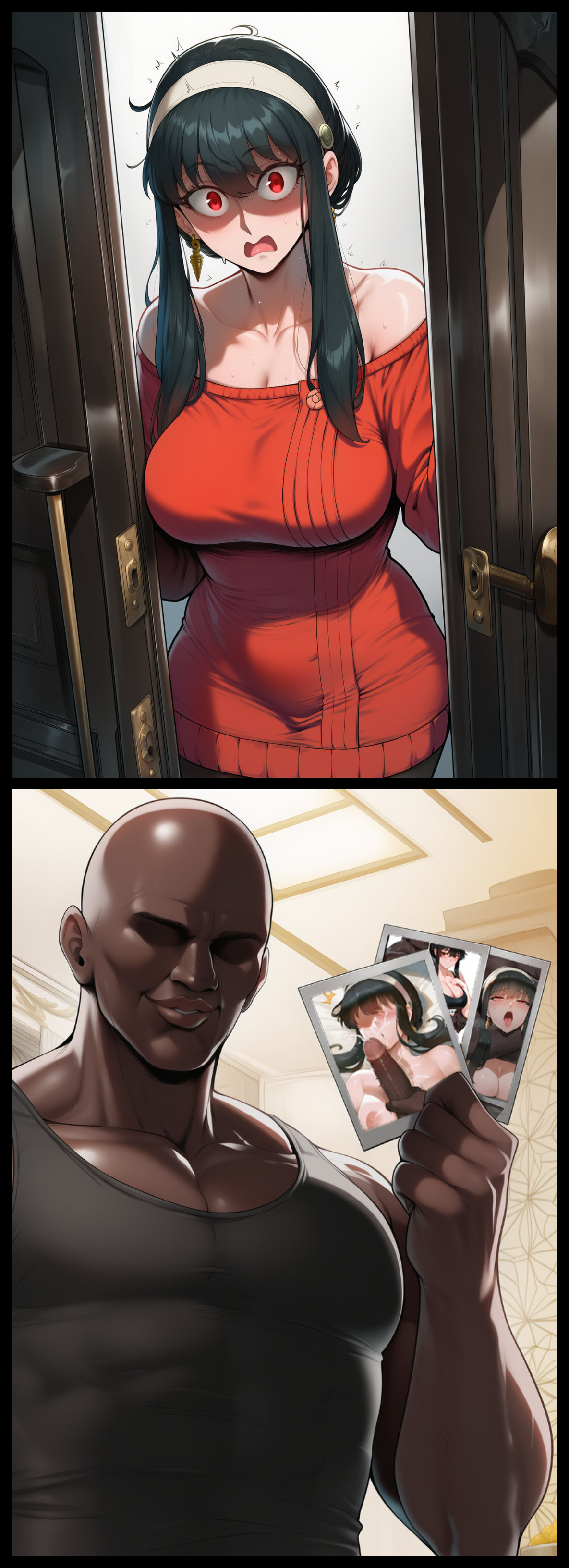1boy, 1girls, ai generated, bald male, big cock, big penis, black hair, blackmail, cock on face, dark-skinned male, housewife, interracial, light-skinned female, muscular male, netorare, penis on face, picture, red eyes, samsara ai, scared face, smile, spy x family, yor briar, yor forger