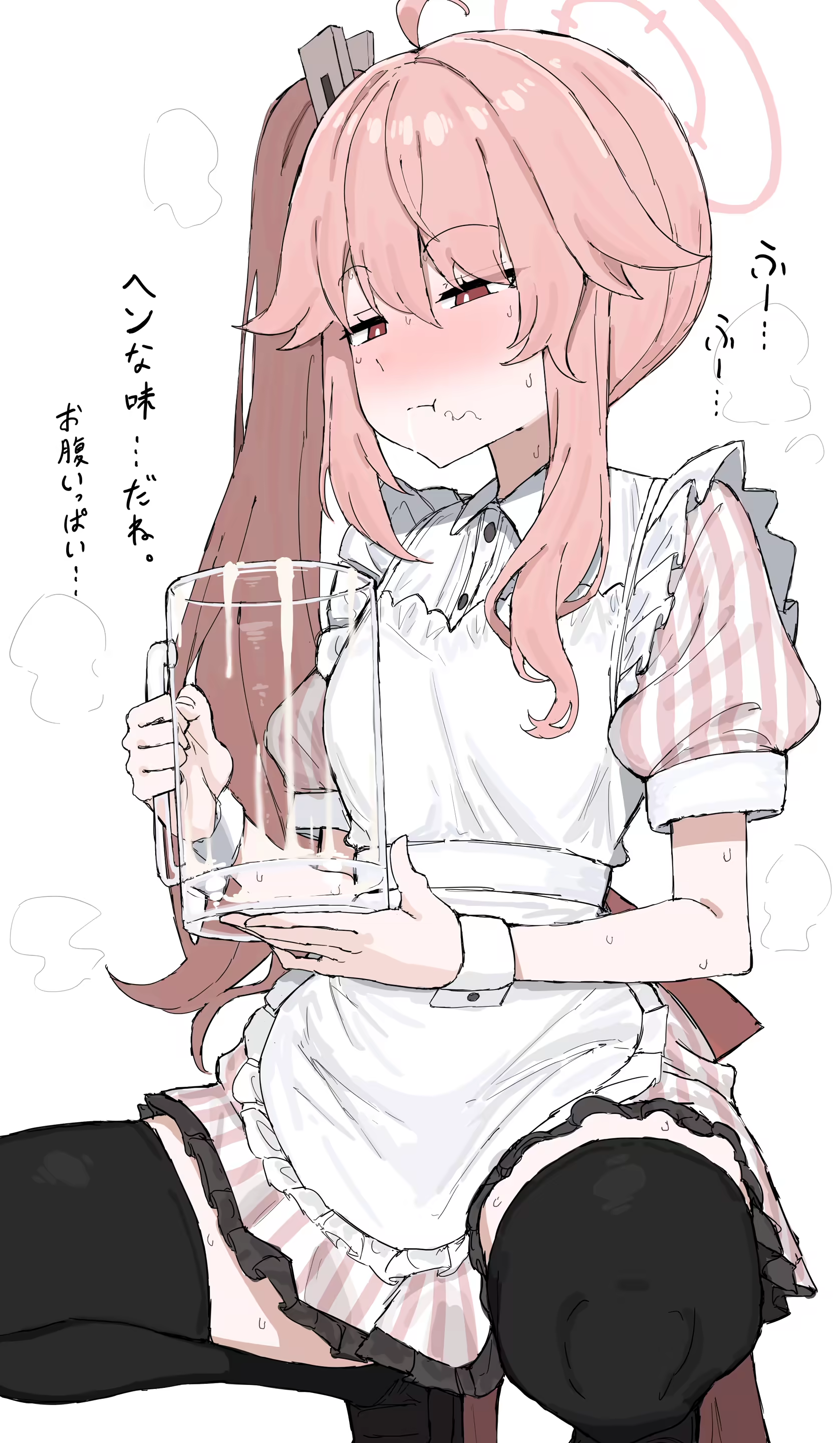1girls, after drink cum, apron, beer mug, black thighhighs, blue archive, cum, cum mug, halo, japanese text, kumiyabe, natsu (blue archive), pink hair, pubic hair in cum, pubic hair on face, squatting, striped clothing, wrist cuffs