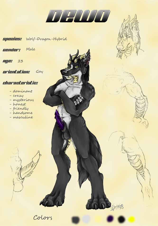 1boy anthro barbs canine dewo dragon drolf english_text exotic fur furry horns hybrid male male_only model_sheet penis piercing purple purple_penis scalie sheath solo text wolf