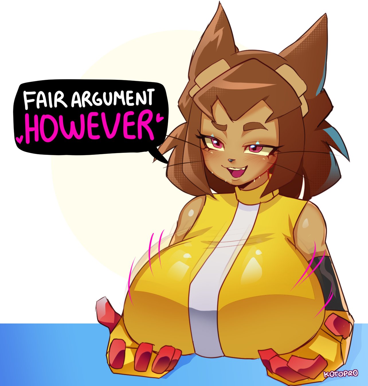 1girls, animal ears, anthro, big breasts, black nose, blush, bra, breasts, breasts on table, brown hair, cat ears, clothed, dialogue, english text, fair argument but..., felid, feline, female, female only, furry, gameoverse, glitch productions, hairy pussy, hero, huge breasts, innocent, kit (gameoverse), kotopr0, large breasts, mexican female, motion lines, nerdy female, nervous smile, open mouth, panties, pink eyes, short hair, smile, solo, speech bubble, tagme