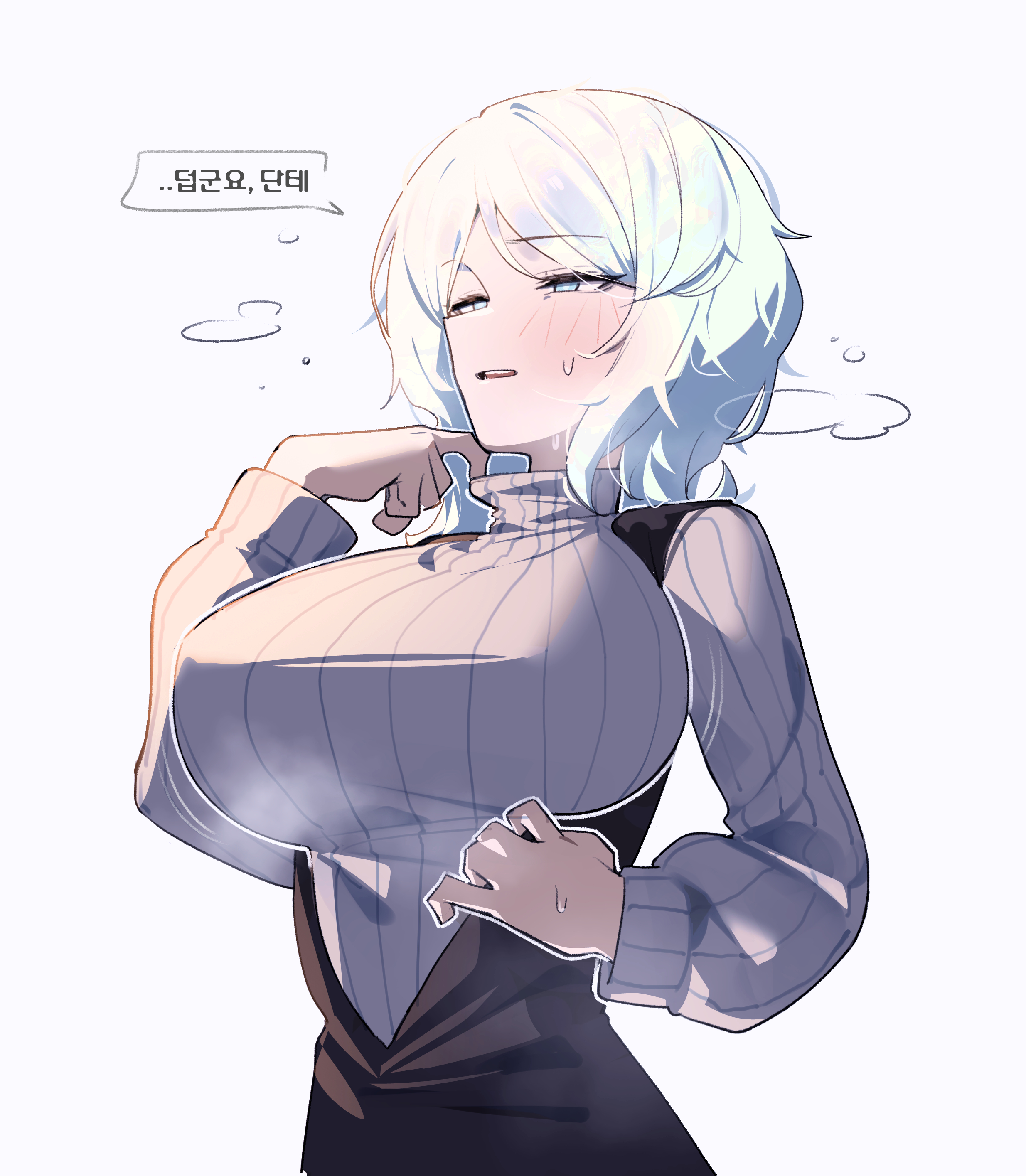 1girls, 2025, 2d, 2d (artwork), big breasts, blue eyes, blush, boobs, breasts, clothed, clothing, color, colored, digital media (artwork), faust (limbus company), female, female only, fully clothed, genius, hair, hi res, hot, huge breasts, korean, korean text, large breasts, limbus company, looking away, medium hair, mouth open, project moon, retaker, ribbed fabric, solo, sweat, sweatdrop, tits, upper body, white background, white hair