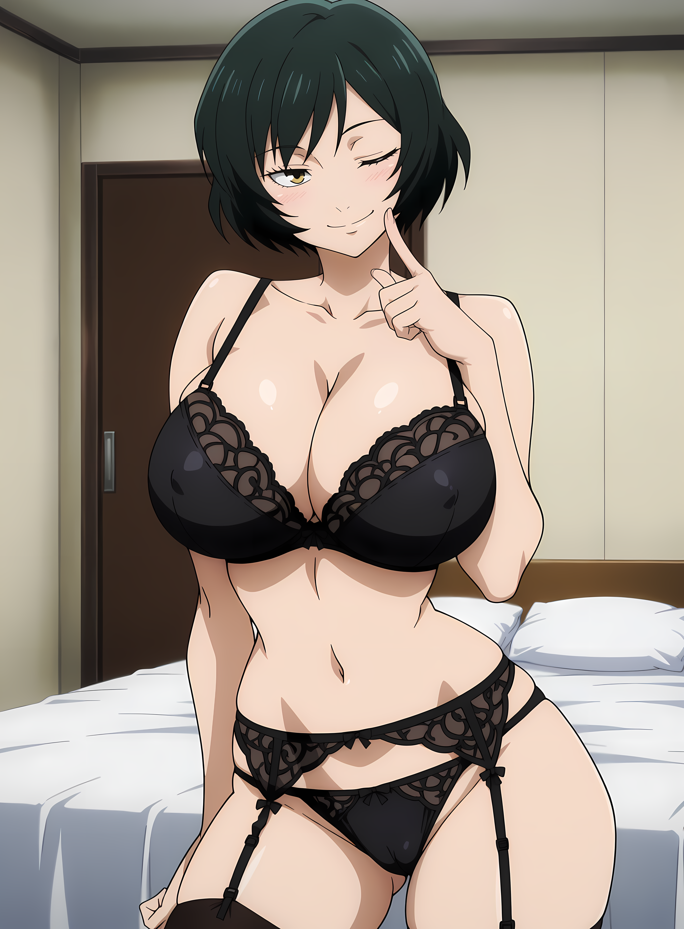 1girl, 1girls, ai generated, aindroidparanoid, big breasts, bikini, female only, garter belt, green eyes, green hair, jujutsu kaisen, legwear, lingerie, looking at viewer, mai zenin, navel, pose, solo, wink, winking at viewer, zenin mai