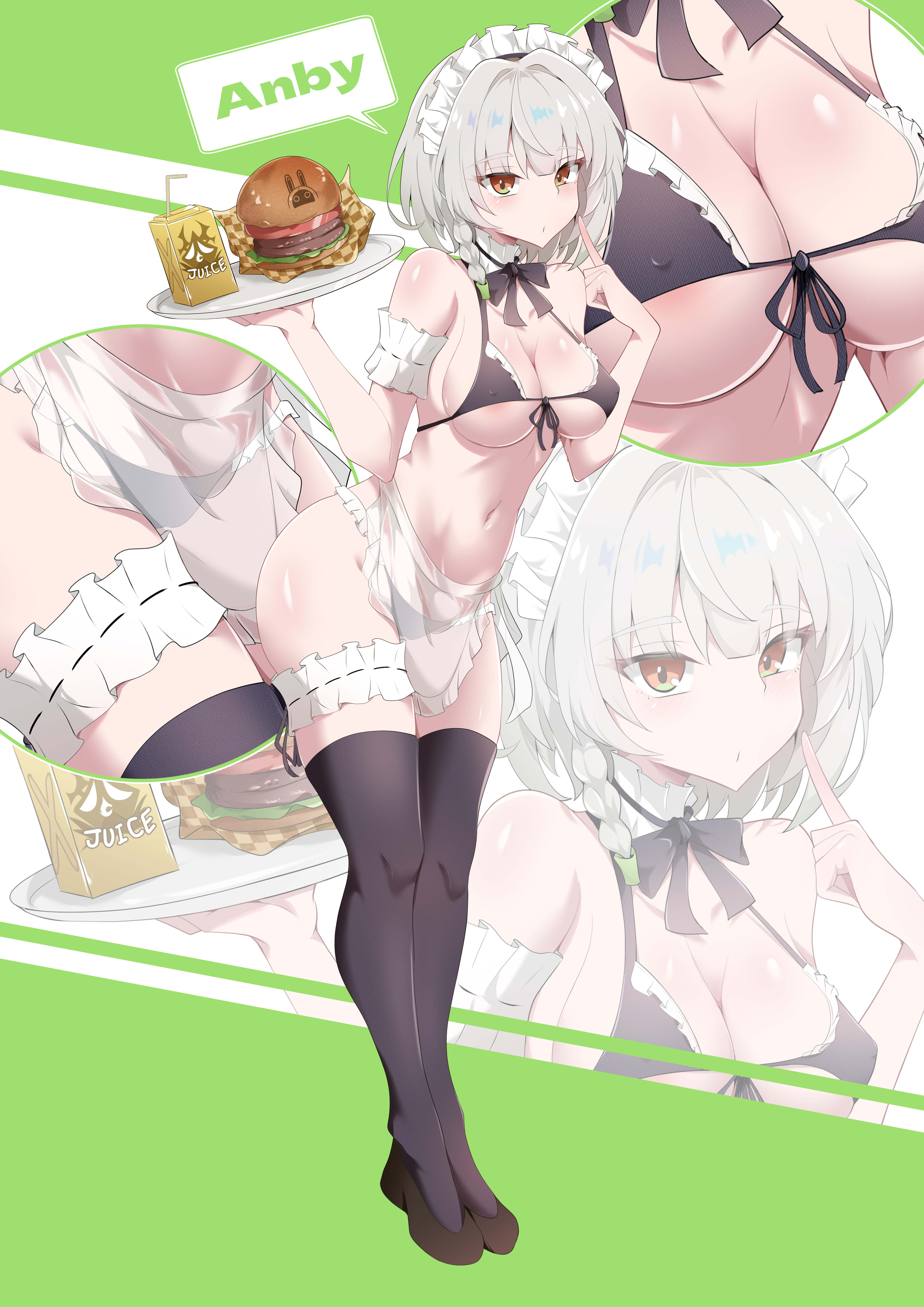 1girls, anby demara, armband, armwear, bikini, bikini bottom, bikini top, black bikini, black thighhighs, bottomwear, breasts, brown eyes, character name, cleavage, close-up, female, female only, food, footwear, full body, headwear, heels, high heels, hips, holding plate, ice choco maker, legwear, maid, maid bikini, maid headdress, maid outfit, medium breasts, multiple views, neckwear, plate, short hair, solo, solo female, swimwear, thigh strap, thighhighs, thighs, topwear, white hair, zenless zone zero