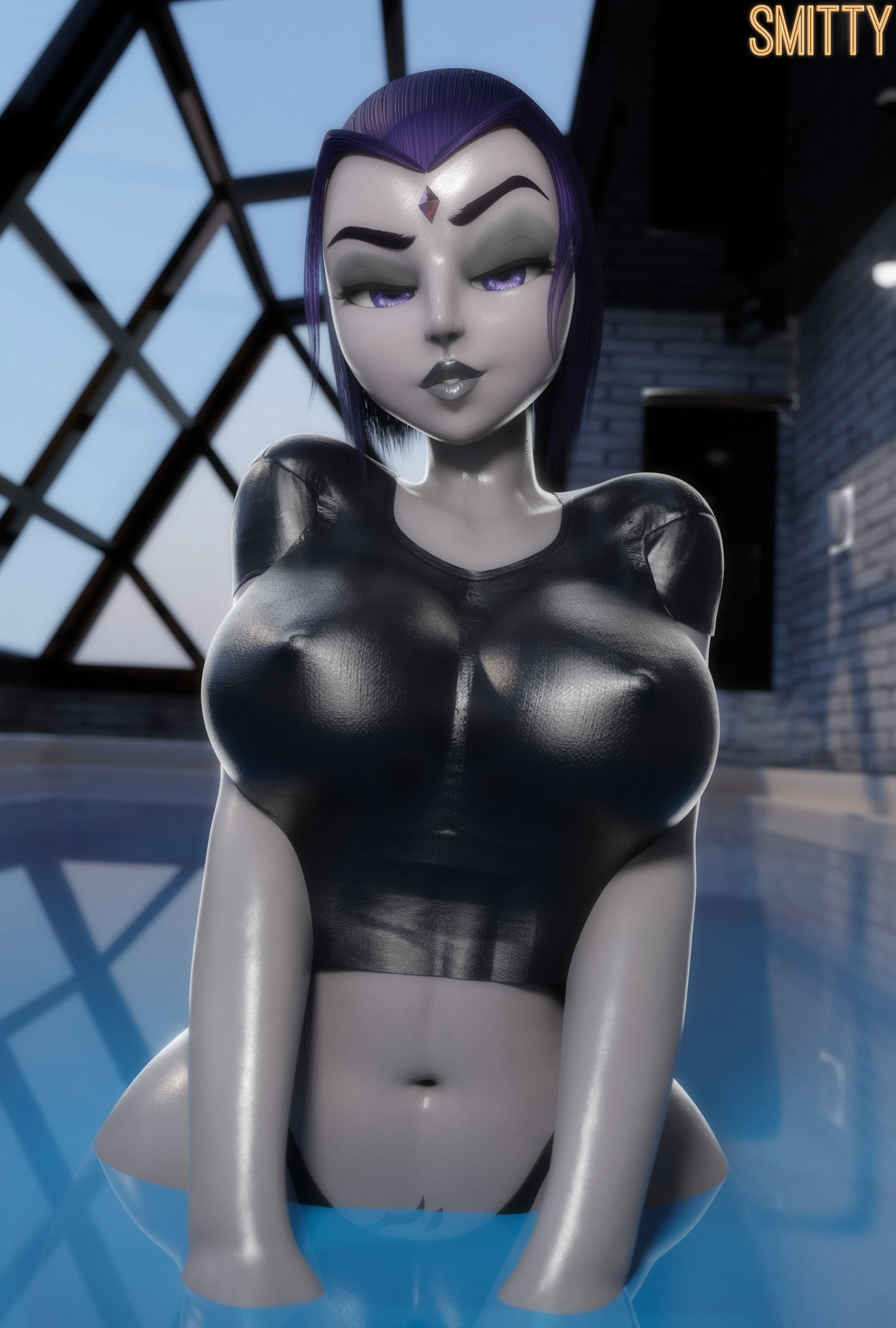 3d, bare hips, big breasts, bikini bottom, breasts, breasts squeezed together, cartoon network, curvy, dc, dc comics, erect nipples, grey body, hard nipples, hi res, highleg, highleg bikini, highleg panties, huge breasts, in water, looking at viewer, midriff, navel, nipple bulge, nipples, nipples visible through clothing, panties, partially submerged, pubic tattoo, rachel roth, raven (dc), smirk, smirking, smirking at viewer, smitty34, tagme, teen titans, that pool, thin waist, wet, wet body, wet clothes, wet shirt, wide hips