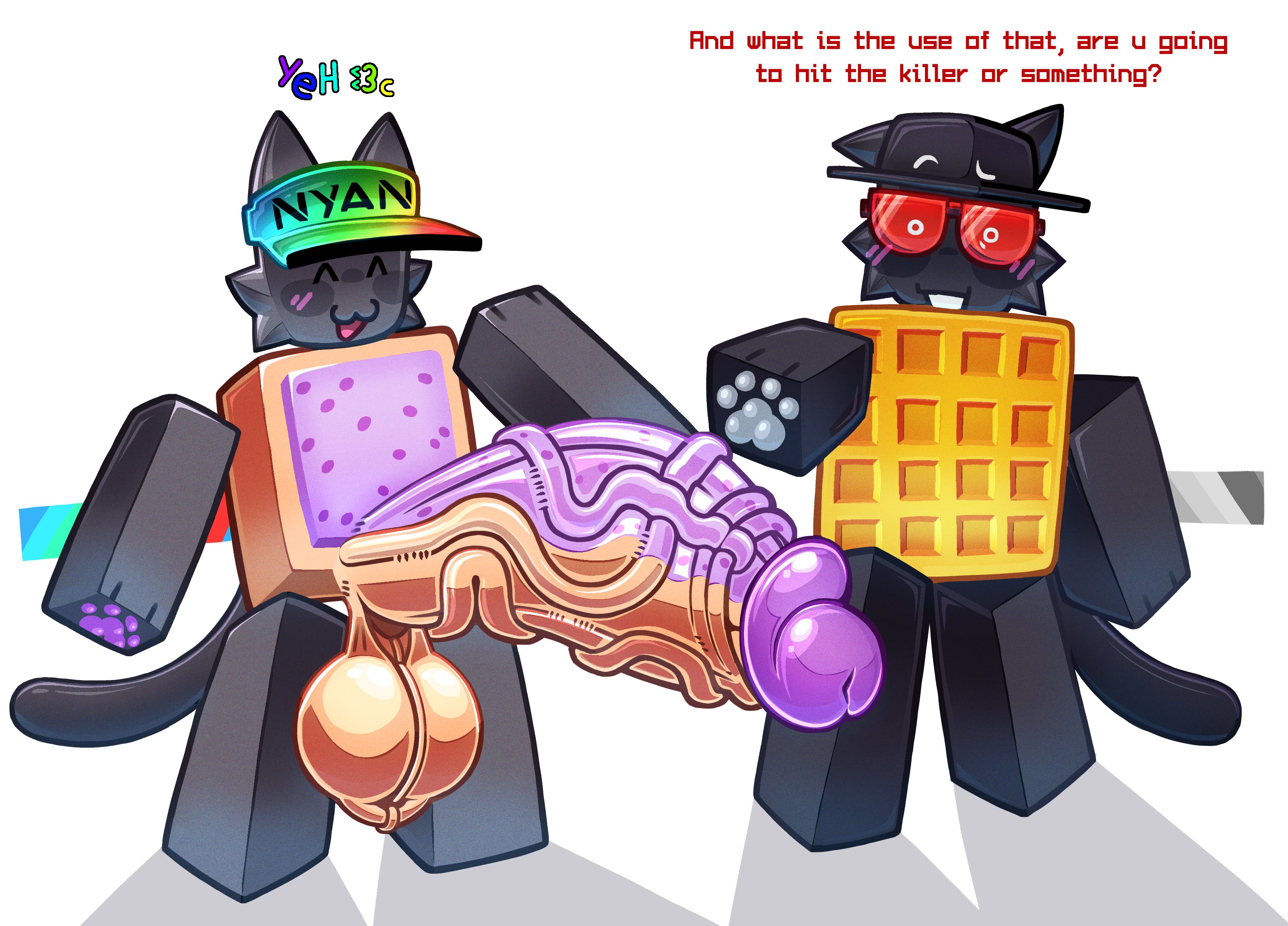 :3, 2boys, accurate robloxian, anthro, big penis, black fur, blocky body, blush, blushing, chance (forsaken), cock shock, dialogue, domestic cat, elliot (forsaken), english text, forsaken (roblox), grey fur, hi res, huge cock, kixly, male, male only, nayn chance (forsaken), nyan cat, nyan elliot (forsaken), pawpads, paws, roblox, roblox game, robloxian, simple background, tac nayn, text, two-tone penis, white background
