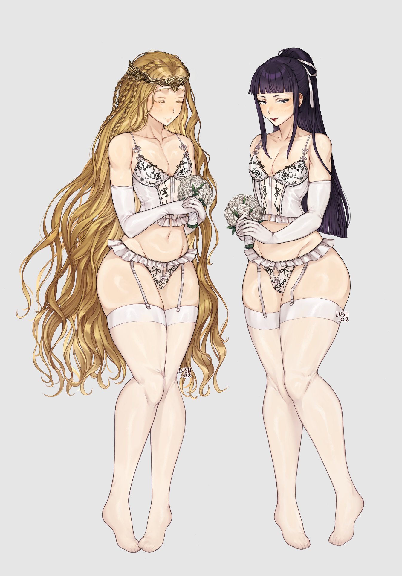 2boys, black hair, blonde hair, blushing, bouquet, bow, closed eyes, crossover, crown, elden ring, femboy, flowers, kikunojo, lingerie, lushhhh, male, male only, miquella, one piece
