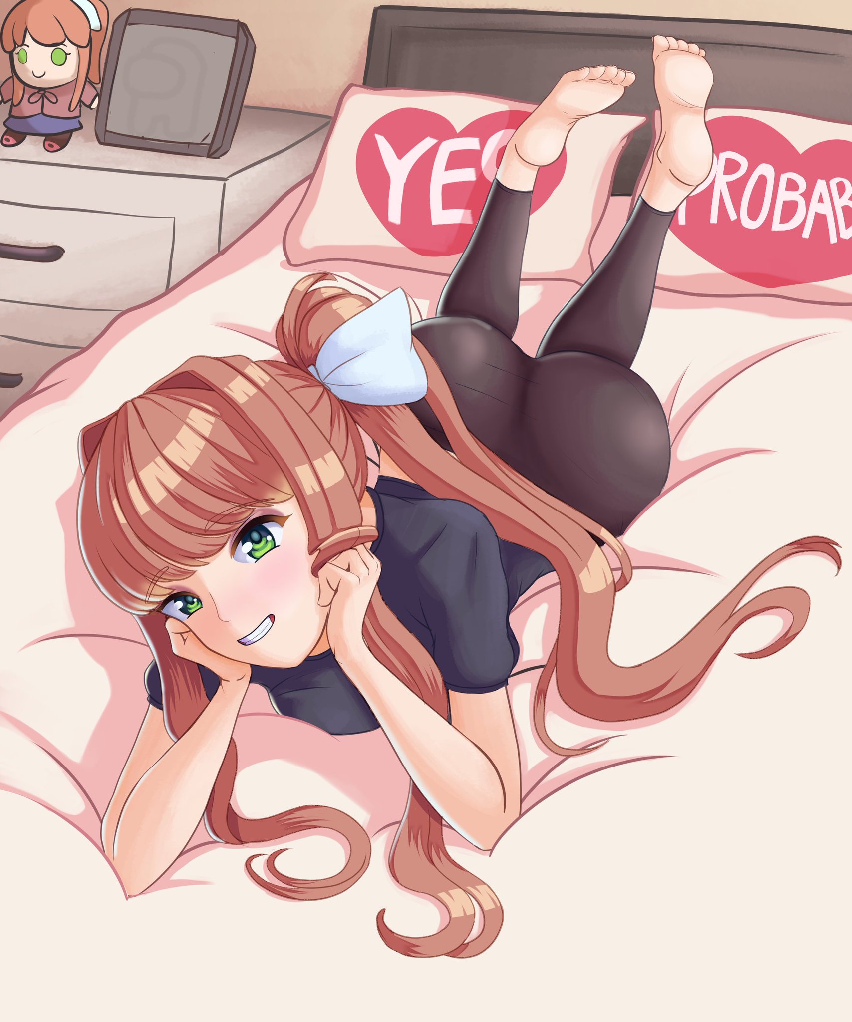 1girls, ass, ass focus, big ass, black shirt, buttocks, coral brown hair, detailed background, doki doki literature club, female, female focus, female only, foot, green eyes, hi res, high resolution, leggings, light skin, light-skinned female, monika (doki doki literature club), moritaris, ribbon, white ribbon
