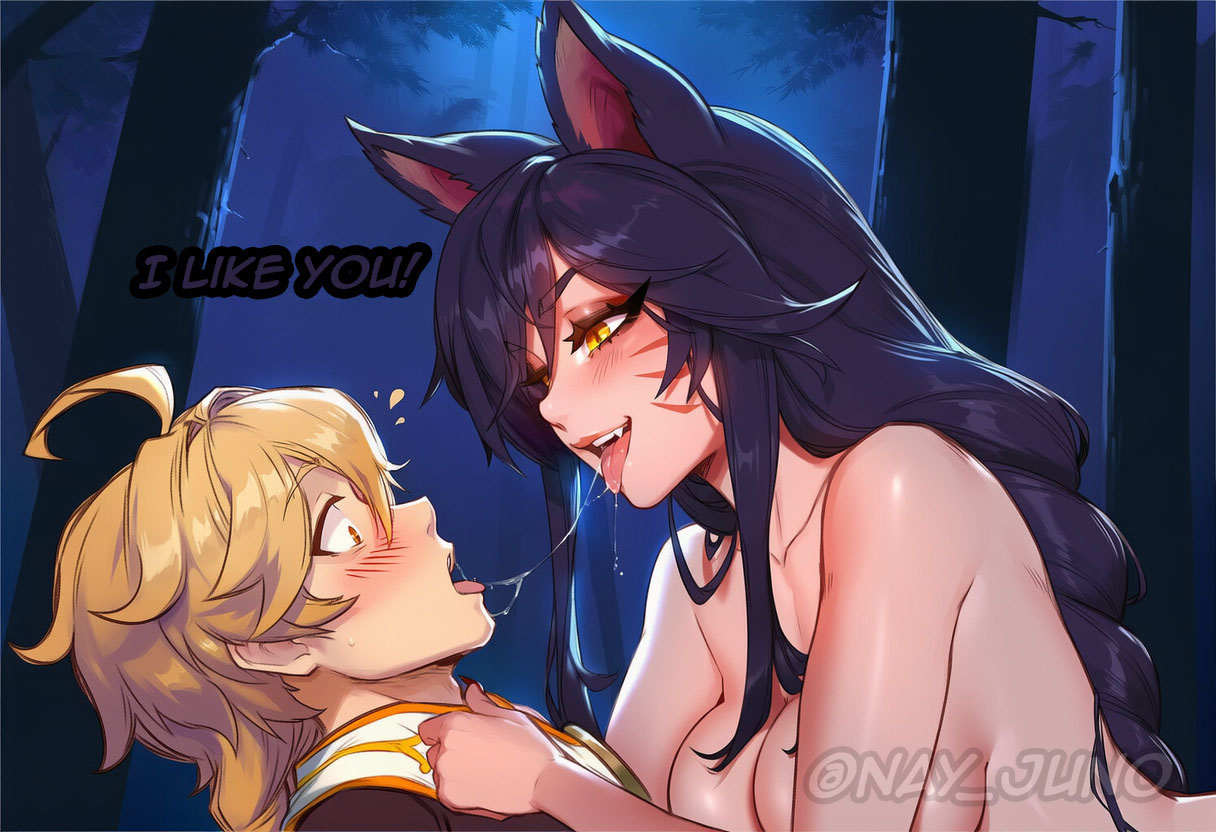 1boy, 1boy1girl, 1girl, 1girl1boy, 1girls, aether (genshin impact), after kiss, ahoge, ahri, ahri (league of legends), ai assisted, ai generated, animal ears, bare shoulders, black hair, blonde hair, blush, braid, breasts, dominant, dominant female, facial mark, forced, forced kiss, forced kissing, from side, genshin impact, hair between eyes, hand on another's shoulder, hetero, hoyoverse, kissing, large breasts, league of legends, league of legends: wild rift, long hair, looking at another, mihoyo, nay juno, night, nude, orange eyes, reverse rape, riot games, saliva, saliva drip, saliva string, saliva trail, sexy, sexy pose, single braid, tongue, tongue out, upper body, vastaya, watermark, whisker markings, yellow eyes