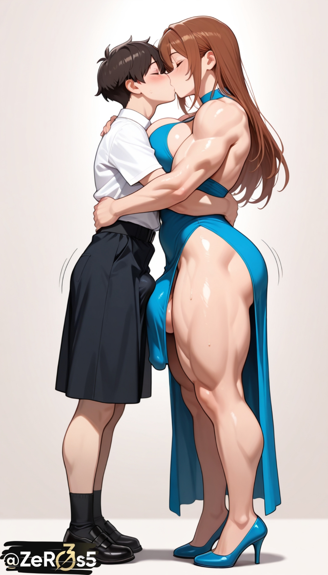 1futa, ai generated, big balls, big breasts, big penis, bulge, bulge through clothing, flaccid, flaccid penis, futa on male, futa with male, futanari, huge cock, hyper genitalia, large penis, muscular futa, penis size difference, saggy balls, side view, size difference, thick thighs, visible