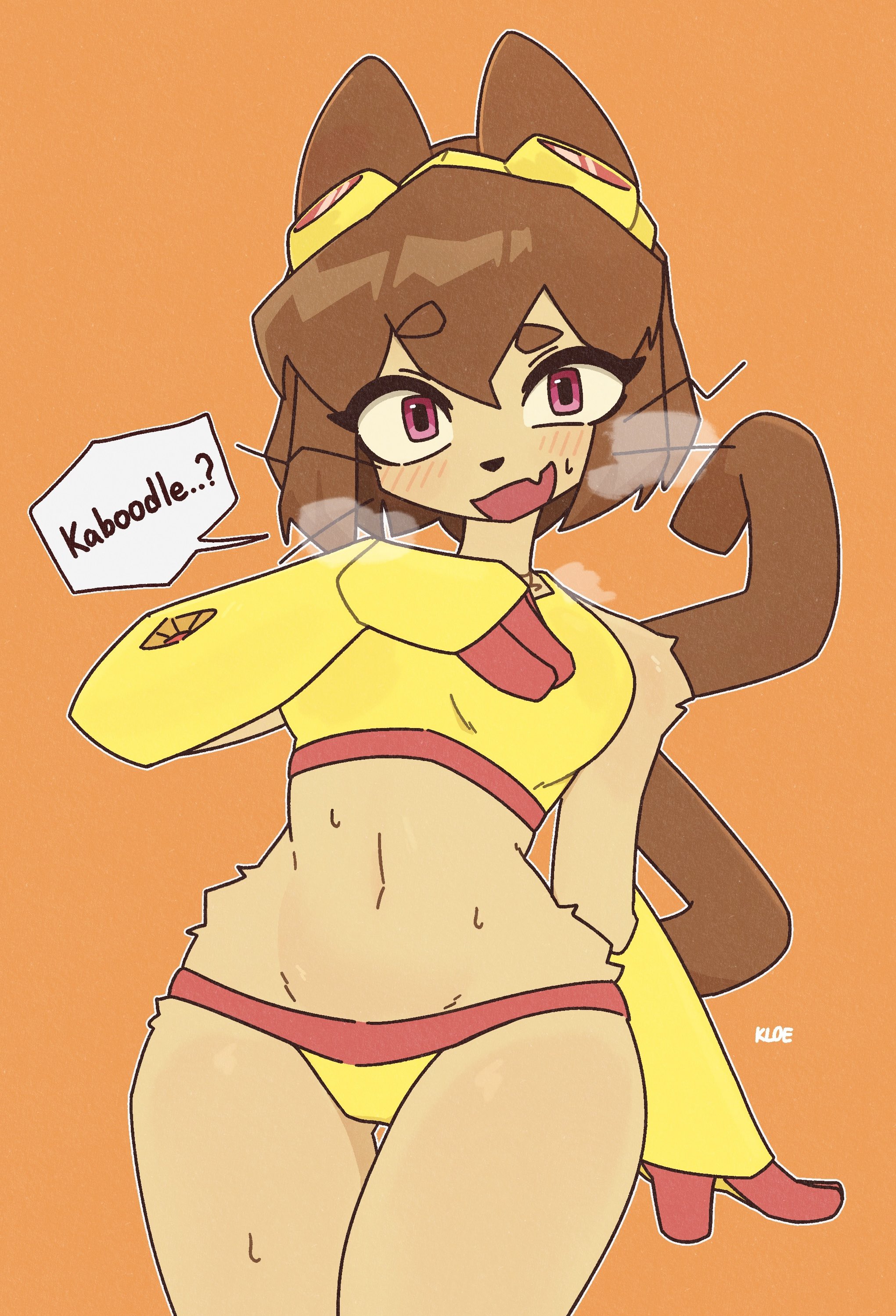 1girls, animal ears, anthro, bikini, black nose, blush, breasts, brown hair, cat ears, cat tail, felid, feline, female, female only, furry, gameoverse, glitch productions, goggles, goggles on head, kit (gameoverse), kit bodega, kloe mone, open mouth, pink eyes, short hair, smile, solo, speech bubble, sweat, tagme, tail, thighs, whiskers