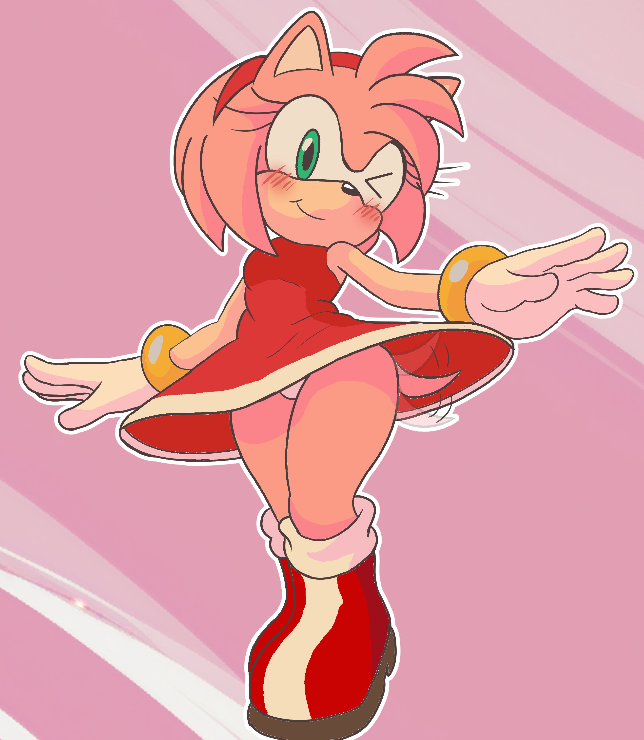 > o, 1girls, amy rose, animal ears, animal nose, anthro, artist name, bare shoulders, blush, body fur, boots, bracelet, breasts, closed mouth, clothing, dress, fang, female, footwear, full body, furry, furry female, furry only, gloves, green eyes, hairband, happy, headwear, hedgehog, jewelry, knee boots, legs together, looking at viewer, medium breasts, one eye closed, panties, pantsu, panty peek, pantyshot, pink background, pink fur, pink hair, pink theme, red dress, red footwear, red hairband, short dress, short hair, sidelocks, sideways mouth, simple background, sleeveless, sleeveless dress, small breasts, smile, solo, sonic (series), sonic the hedgehog (series), split mouth, standing, tail, tail wagging, thick thighs, thighs, underwear, upskirt, white gloves, white outline, white panties, wide hips, wind lift
