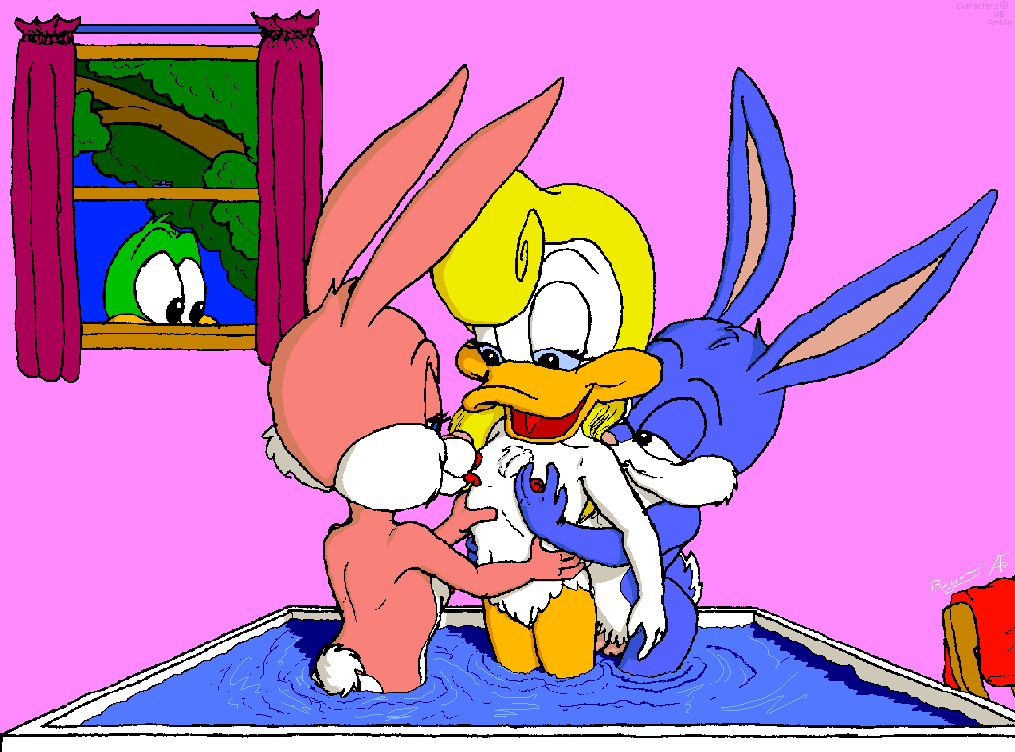 2girls babs_bunny bath bisexual blonde_hair blue_fur breasts buster_bunny duck female furry lagomorph licking loon male no_humans nude penis plucky_duck rabbit shirley_the_loon soft_feathers threesome tiny_toon_adventures tiny_toons ttbs uncensored unknown_artist vintage voyeur warner_brothers wet