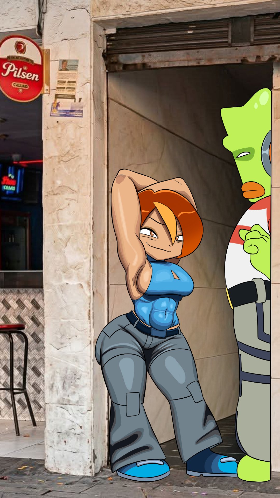 1boy, 1girls, 2d, 2d (artwork), abs, alleyway milf (meme), armpits, arms behind head, artist request, big breasts, busty, butterfly (planetronika), colombia, covered navel, female, female focus, freestyle (planetronika), jeans, large breasts, legs, male, medellin, colombia, meme, planetronika, red hair, sensual, sexy, sexy armpits, sexy pose, slime, smile, thighs