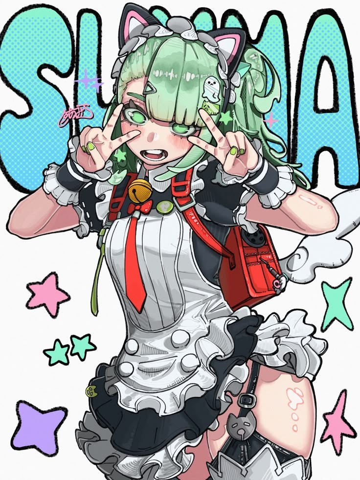 angels of delusion, black shoes, colored nails, double v, female, female only, green eyes, green hair, green nails, hoyoverse, huge thighs, maid, painted nails, red tie, sunna (afternoon tea break) (zenless zone zero), sunna (zenless zone zero), suzuki, text, thick thighs, thighs, tie, v, white background, zenless zone zero