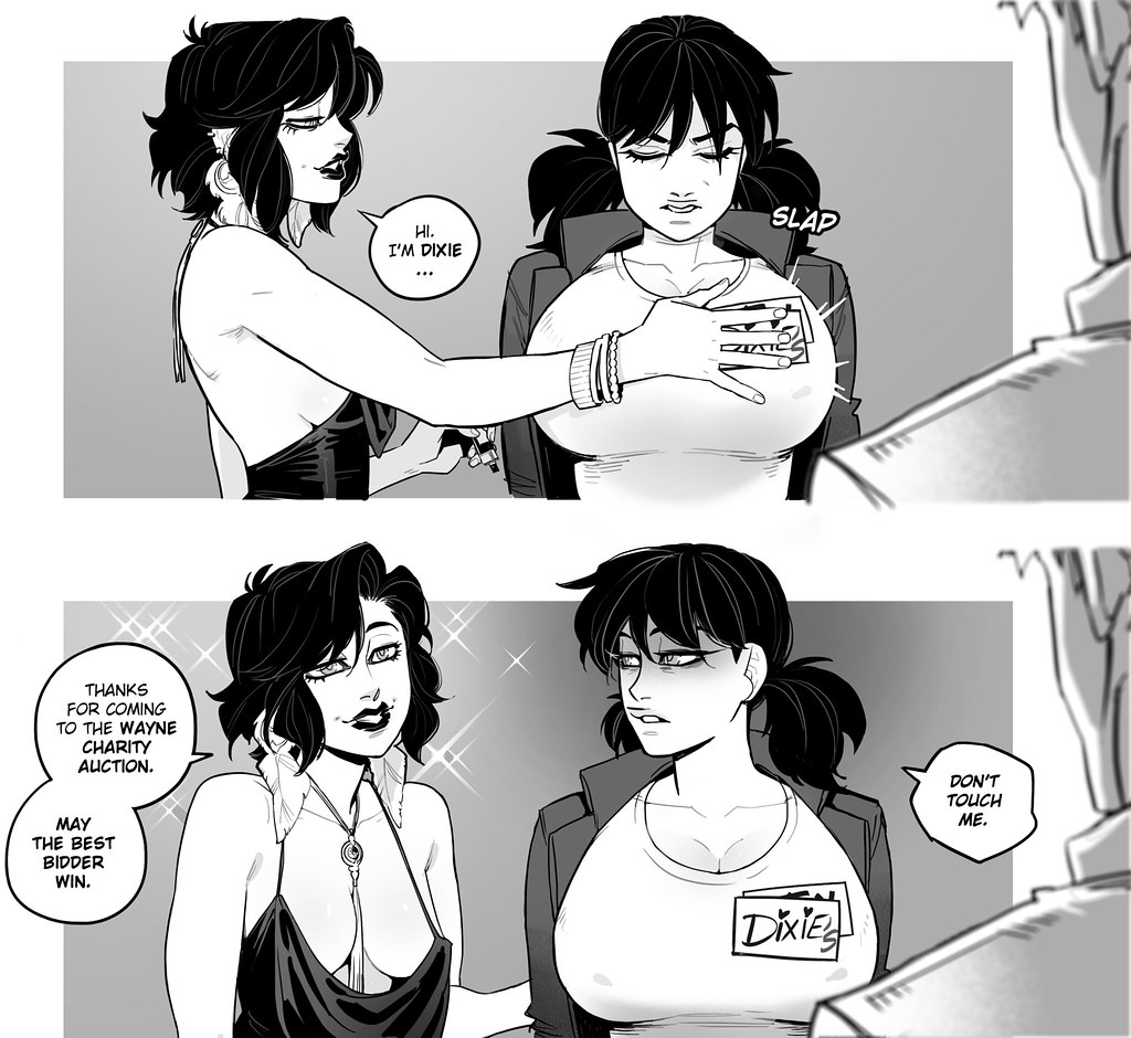 2girls, adoptive incest, adoptive siblings, annoyed, auction, batcest, batman (series), breast size difference, chibi, comic, dc comics, dick grayson, english dialogue, english text, female, fishtre, full cleavage, genderswap (mtf), greyscale, hand on another's chest, huge breasts, jason todd, lipstick, lipstick lesbian, lust, makeup, medium breasts, monochrome, name tag, part 2, part of a set, plunging neckline, possessive, possessive female, pussy graydaughter, rule 63, sisters, slapping breasts, smug, speech bubble, thought bubble, tomboy, yuri