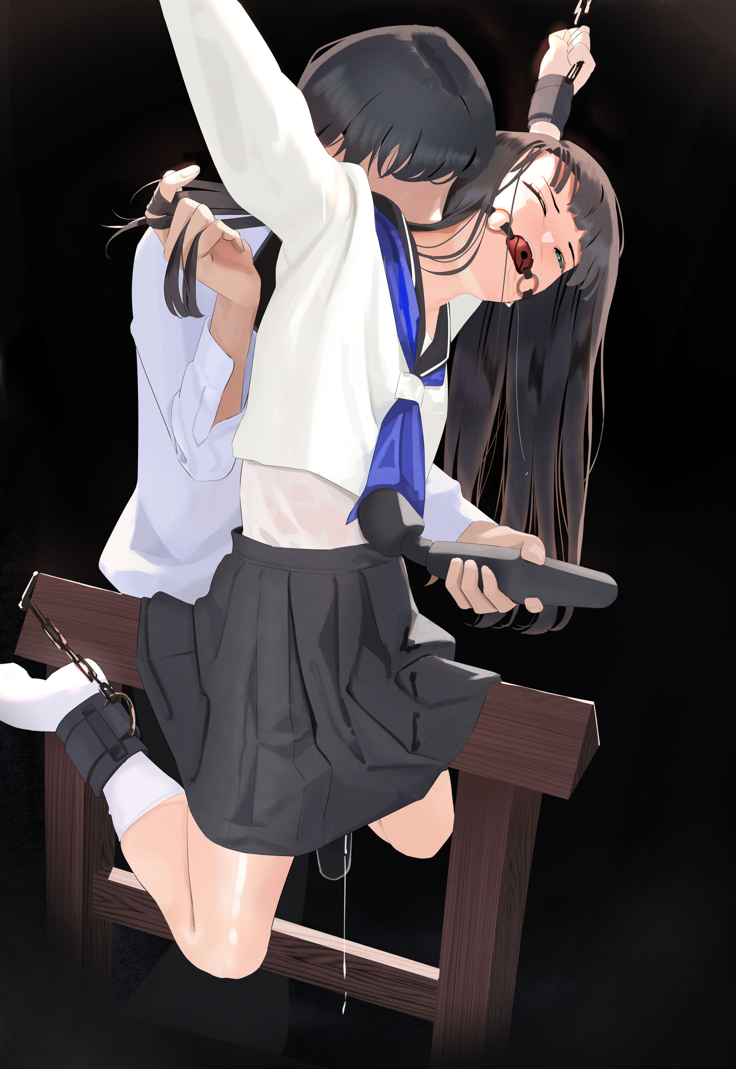 1boy, 1girl, absurdres, ball gag, blue neckerchief, bondage, bound, bound arms, bound legs, drooling, gag, gagged, grey hair, highres, hitachi magic wand, kiss, kissing neck, long hair, neckerchief, original, pleated skirt, po-i-mu, pussy juice, restrained, sailor collar, school uniform, separated arms, separated legs, serafuku, sex toy, shirt, skindentation, skirt, socks, vibrator, white shirt, white socks, wiffle gag, wooden horse