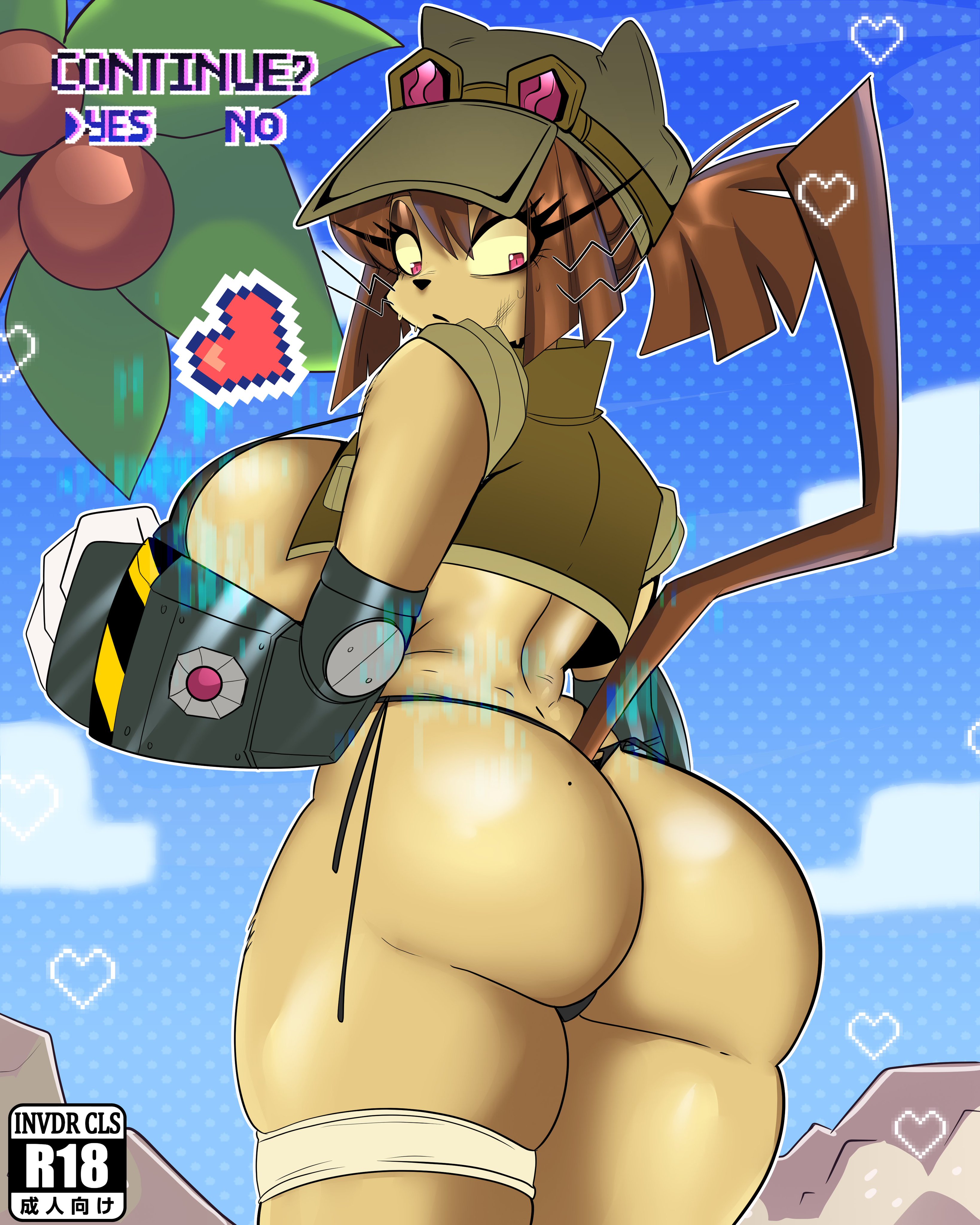1girls, alternate body type, anthro, ass, ass focus, big ass, big breasts, breasts, child bearing hips, english text, fat ass, female, female focus, female only, gameoverse, huge ass, huge breasts, invdrcls, kit (gameoverse), large ass, large breasts, simple background, solo, thick thighs, thighs, wide hips